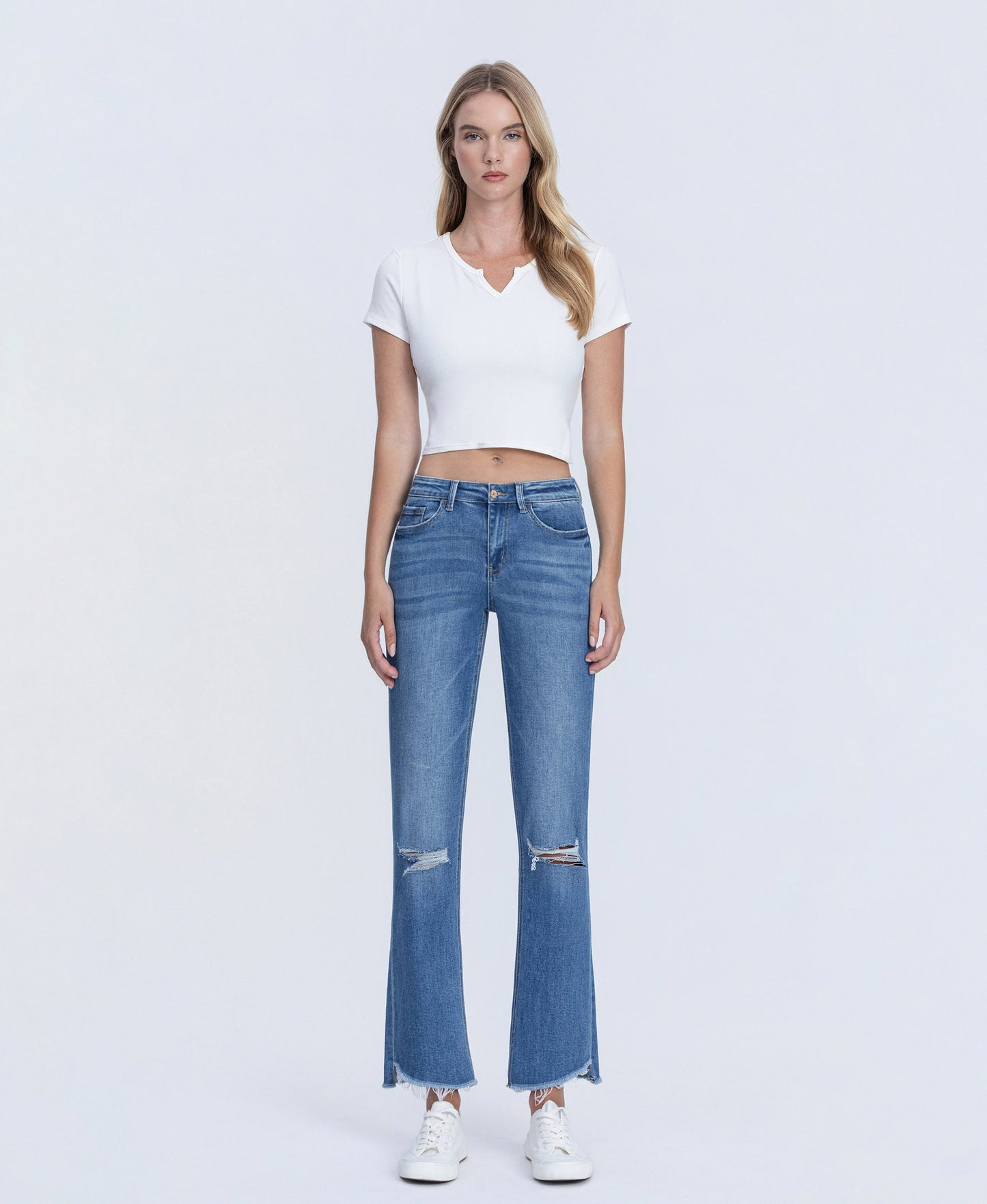 Front product images of Forget - Mid Rise Raw Step Hem Kick Flare Jeans