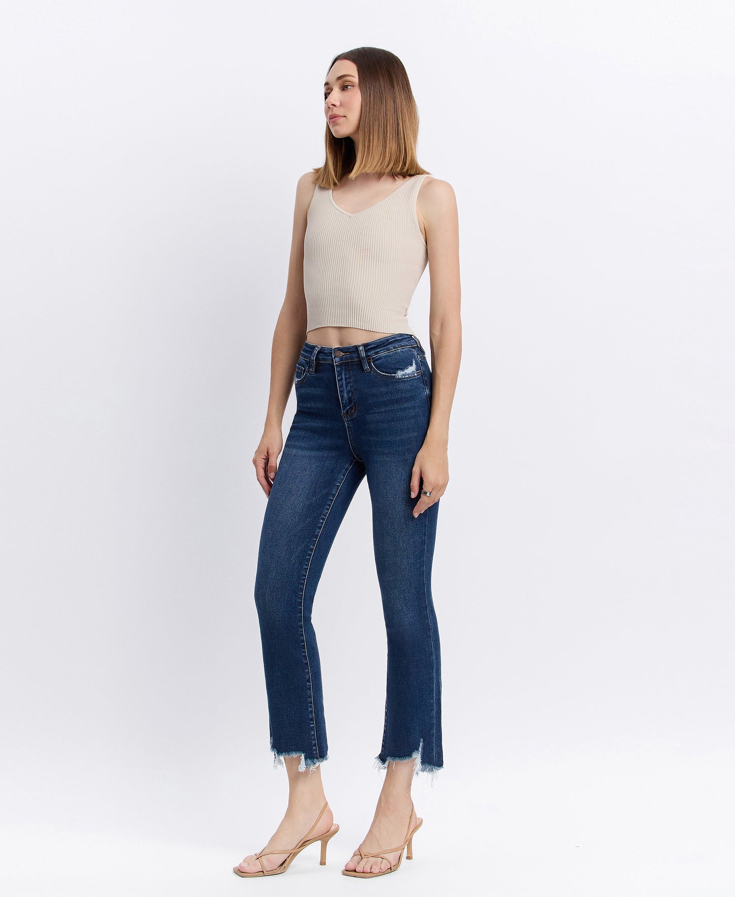 Left 45 degrees product image of Chemical Mood - Super High Rise Uneven Frayed Hem Ankle Flare Jeans