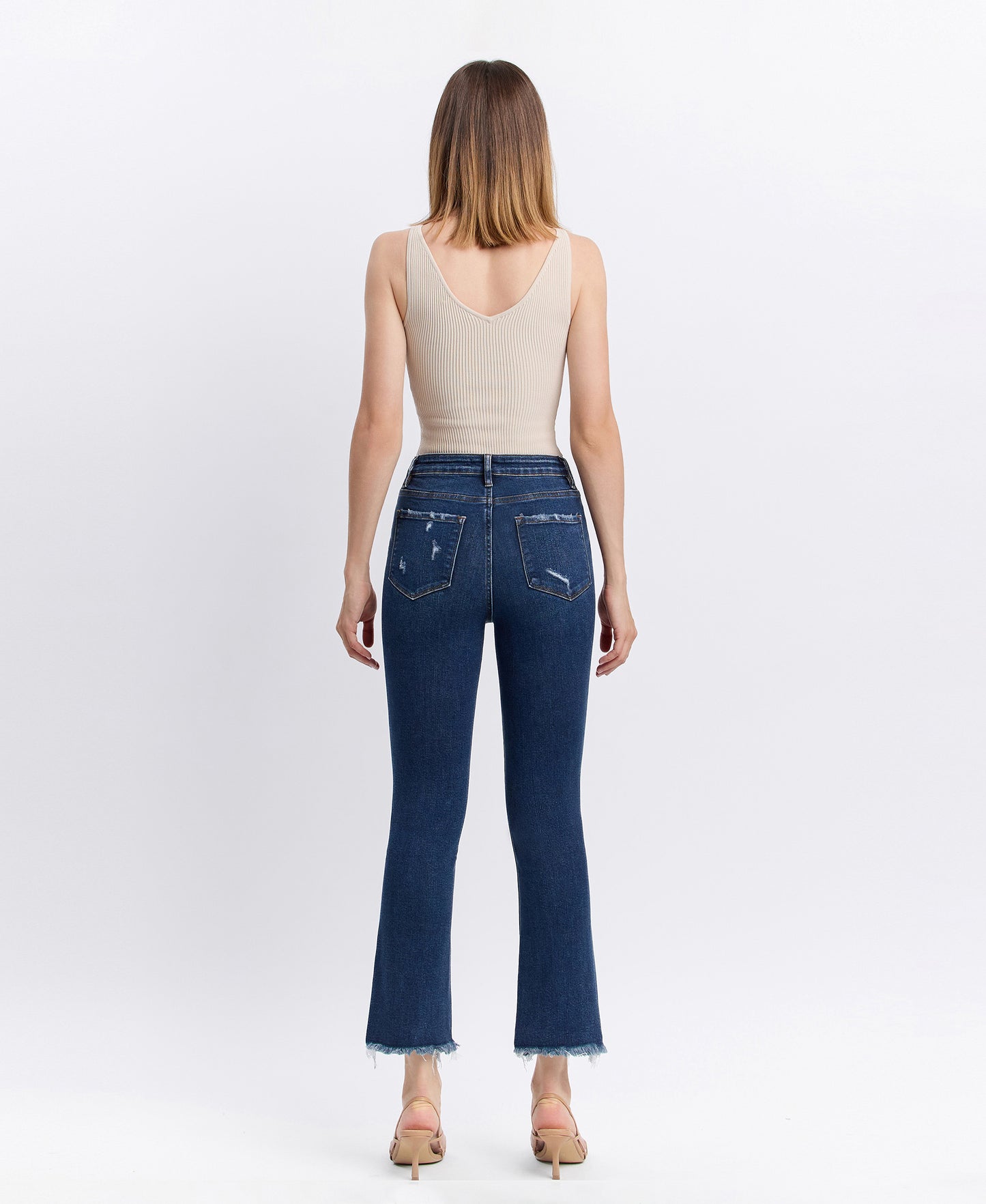 Back product images of Chemical Mood - Super High Rise Uneven Frayed Hem Ankle Flare Jeans