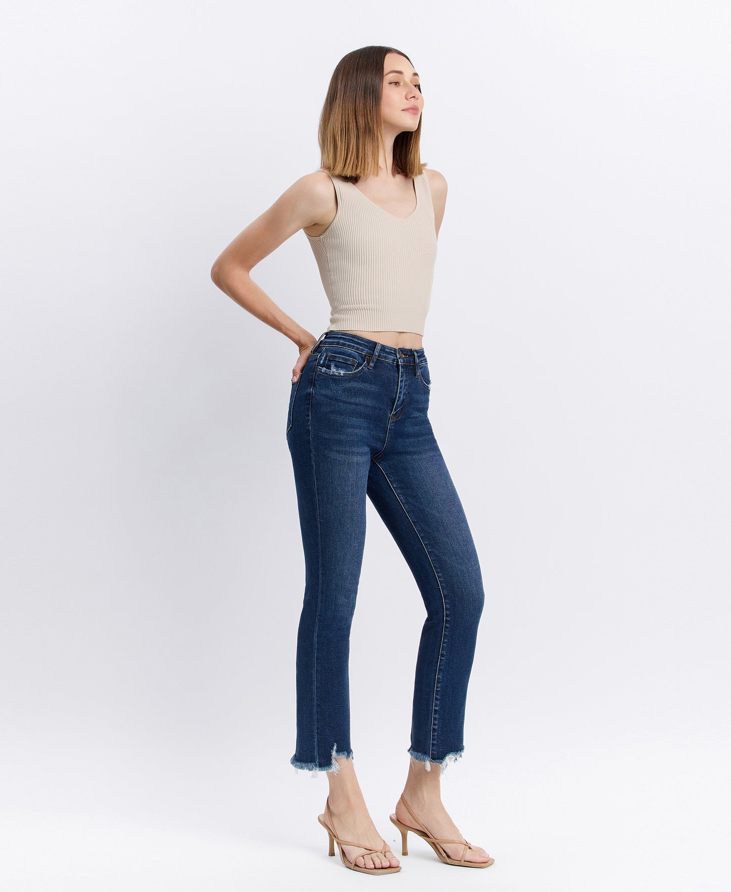 Right 45 degrees product image of Chemical Mood - Super High Rise Uneven Frayed Hem Ankle Flare Jeans