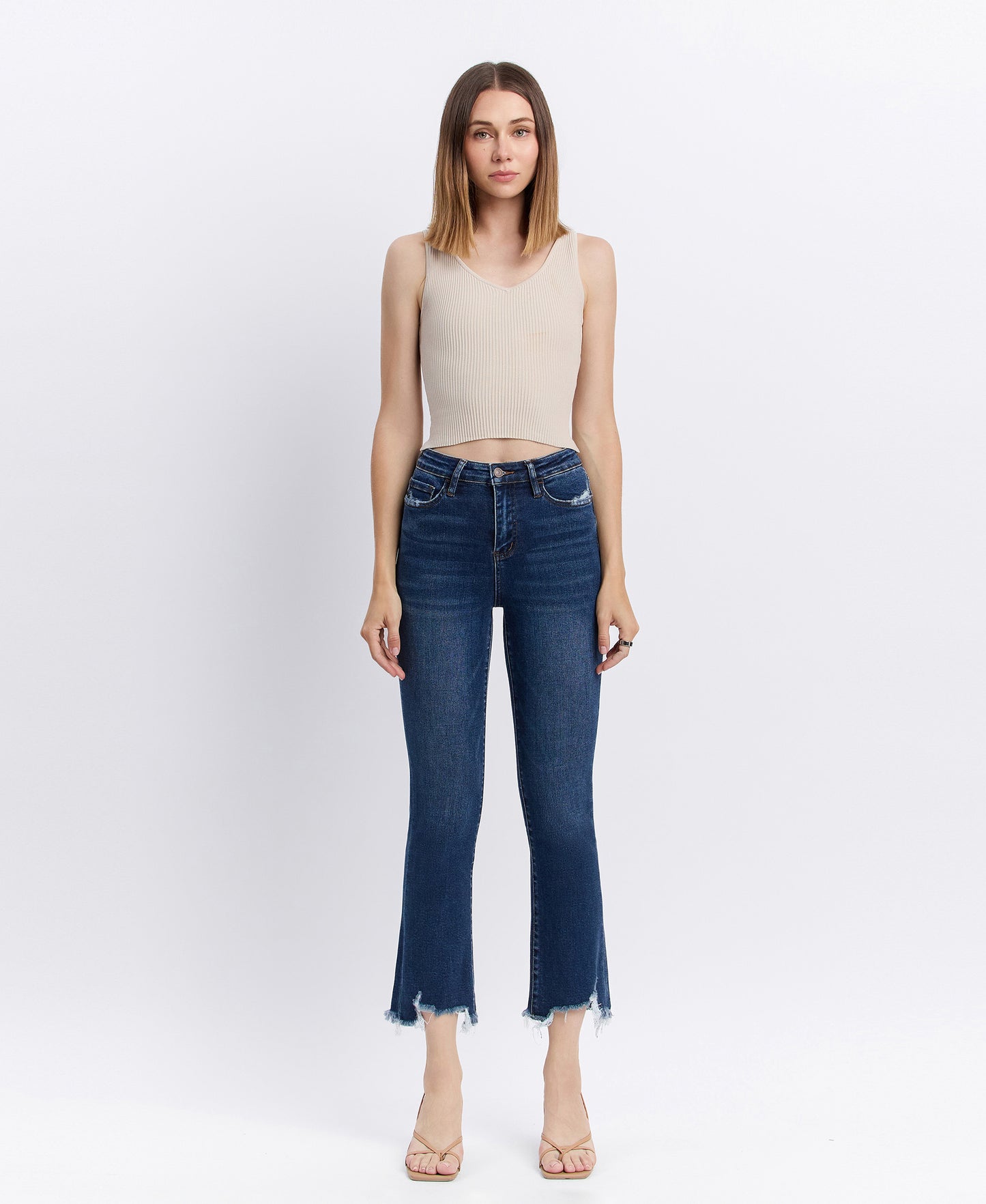 Front product images of Chemical Mood - Super High Rise Uneven Frayed Hem Ankle Flare Jeans