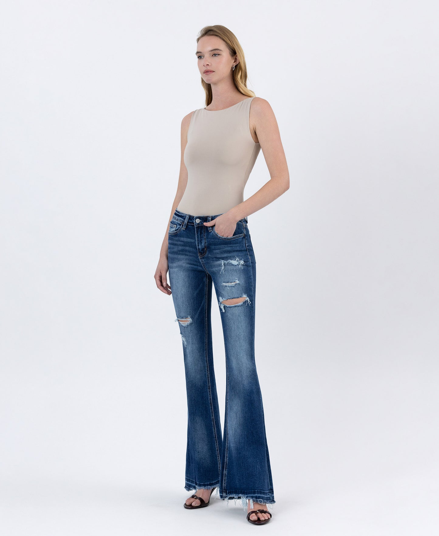 Right 45 degrees product image of Giant Step - Distressed High Rise Flare Jeans