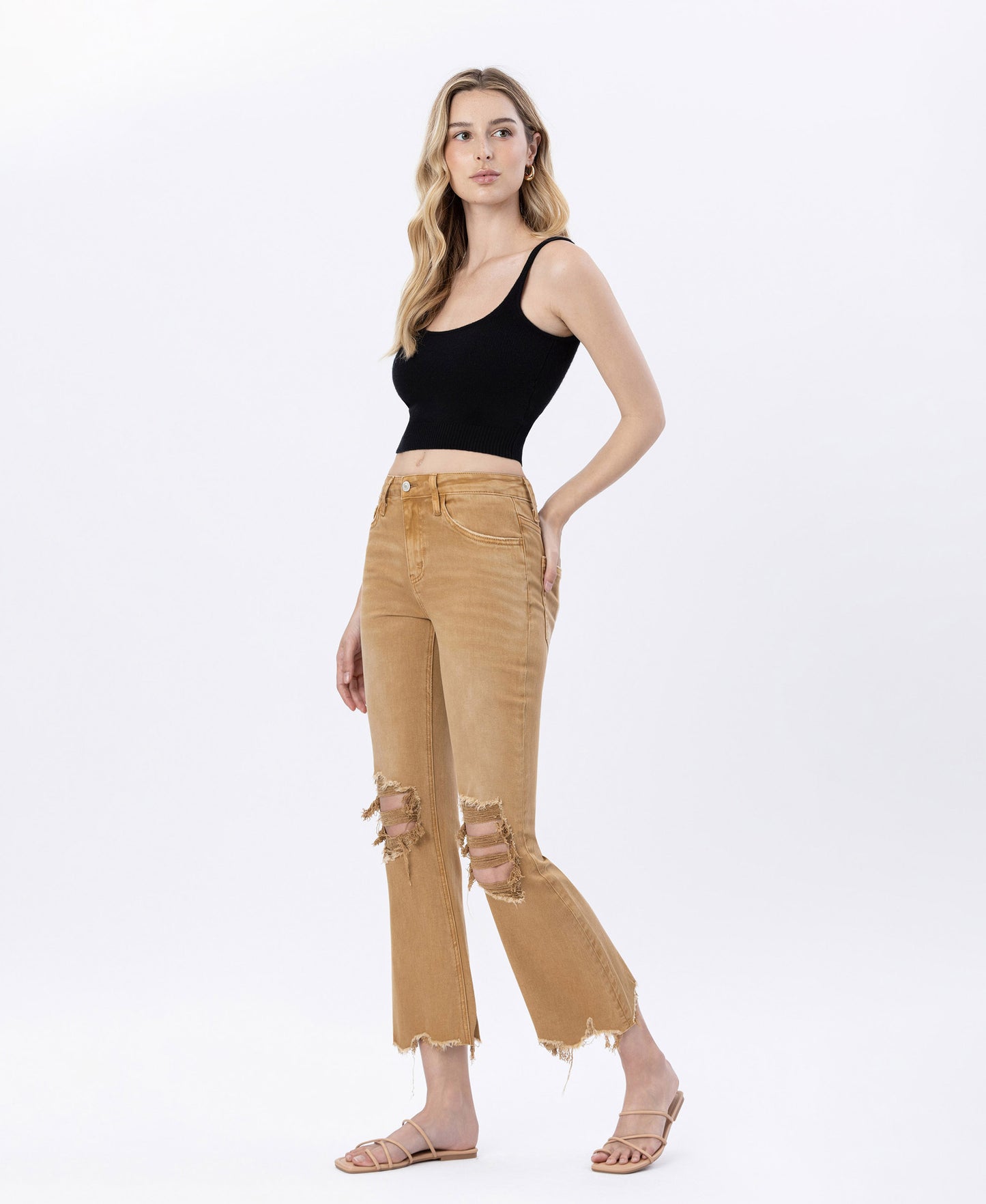 Left 45 degrees product image of Army Khaki - Vintage High Rise Cropped Flare Jeans