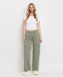 Front product images of Army Green - High Rise Utility Cargo Wide Leg Jeans