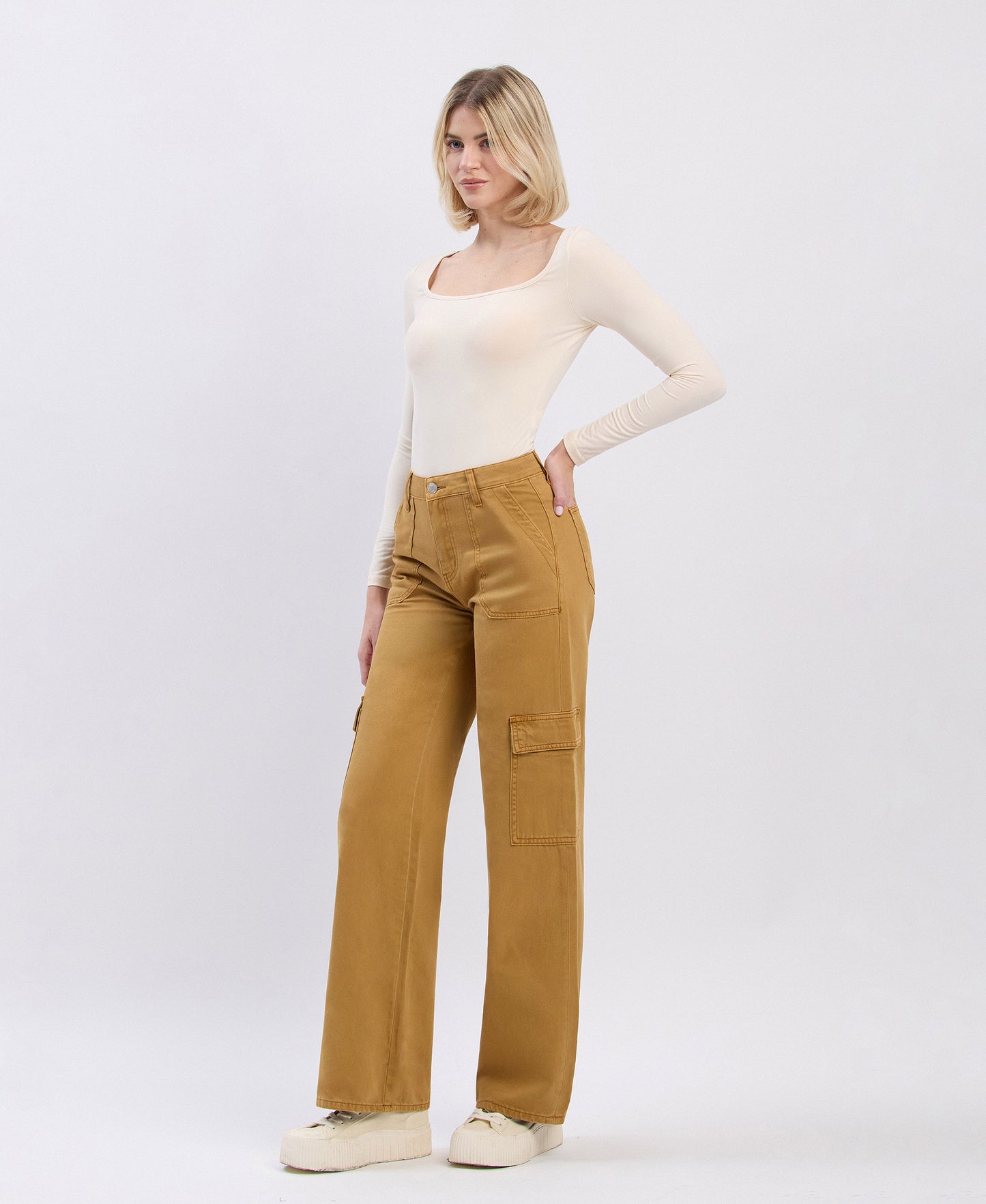 Left 45 degrees product image of Golden Brown - High Rise Utility Cargo Wide Jeans