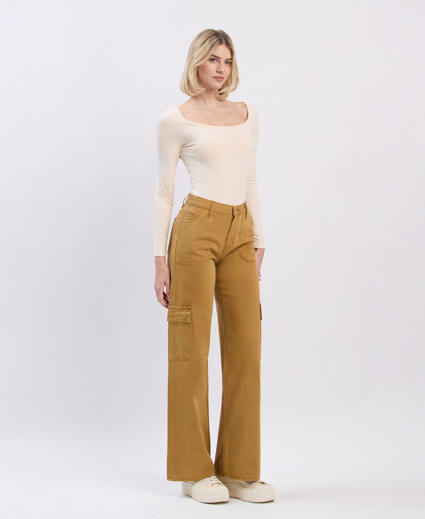 Right 45 degrees product image of Golden Brown - High Rise Utility Cargo Wide Jeans