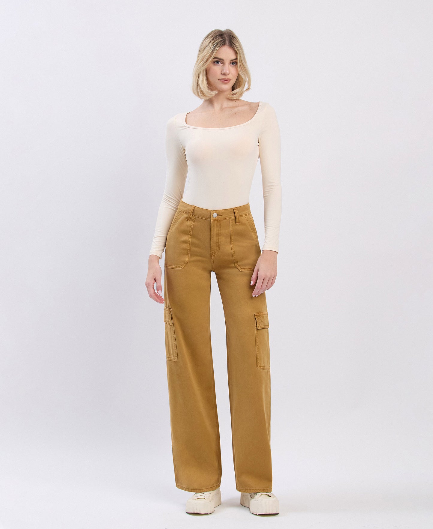 Front product images of Golden Brown - High Rise Utility Cargo Wide Jeans