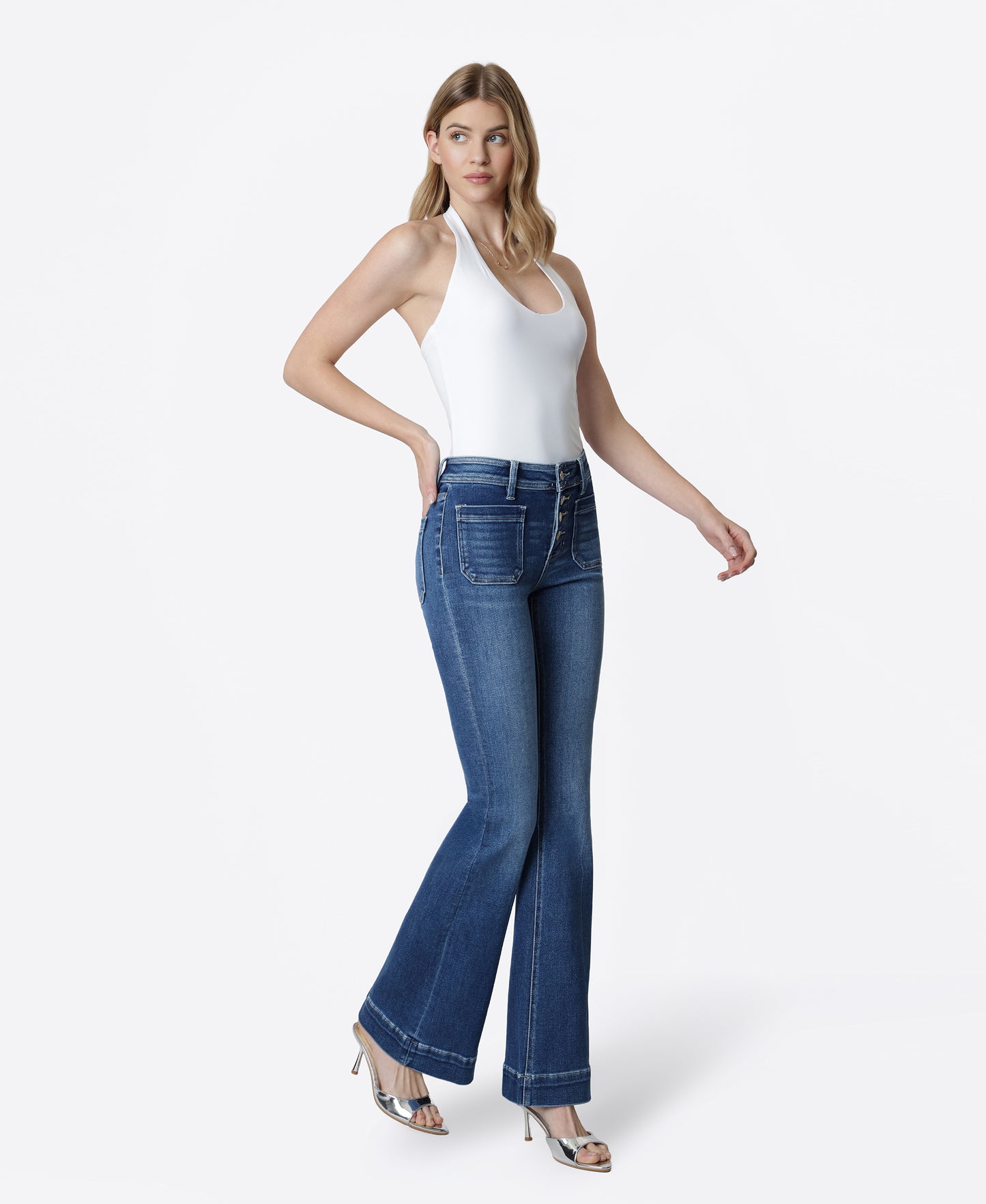 Right 45 degrees product image of Gleefully - Mid Rise Trouser Hem Flare Jeans