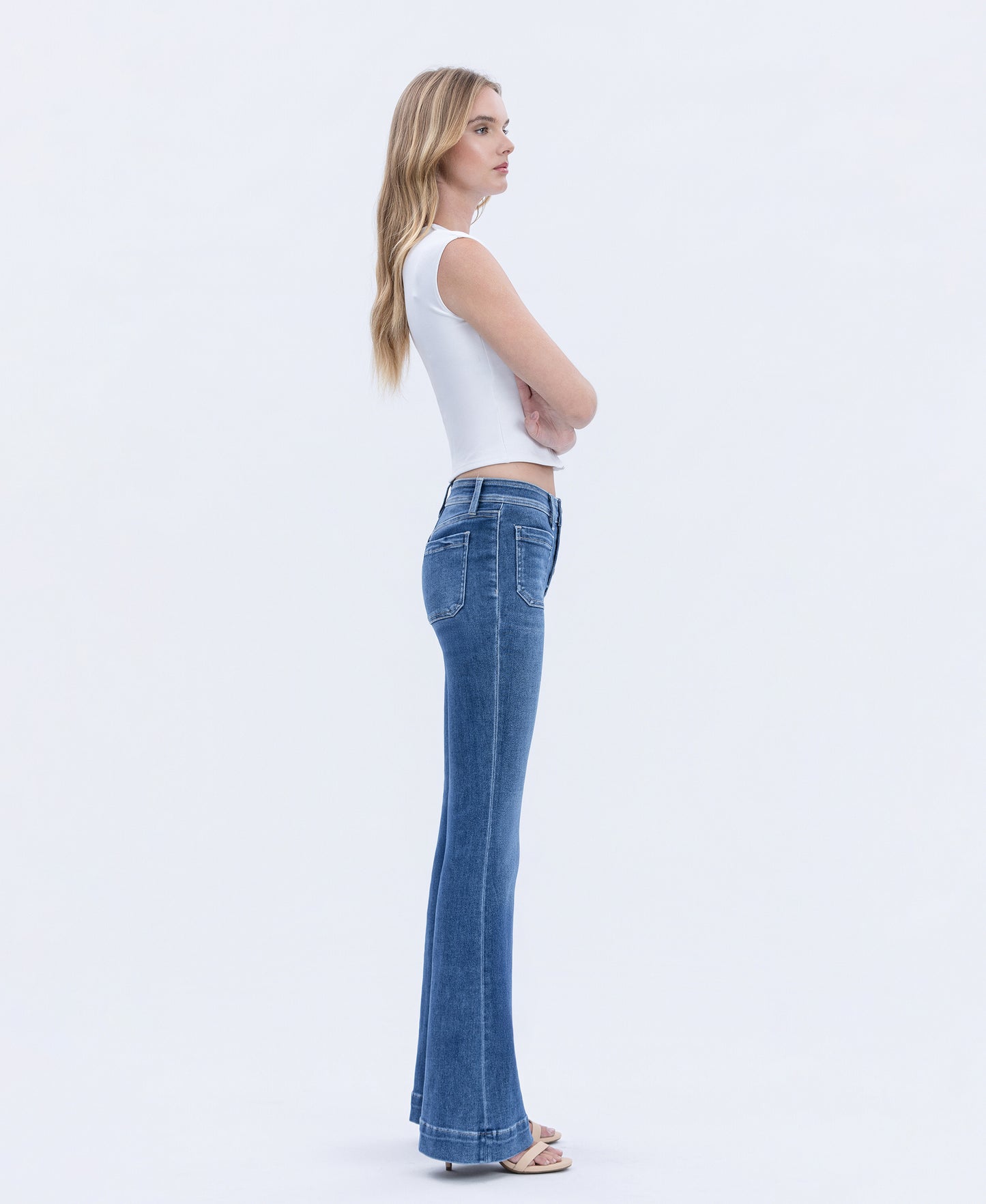 Right 45 degrees product image of Gleefully - Mid Rise Trouser Hem Flare Jeans