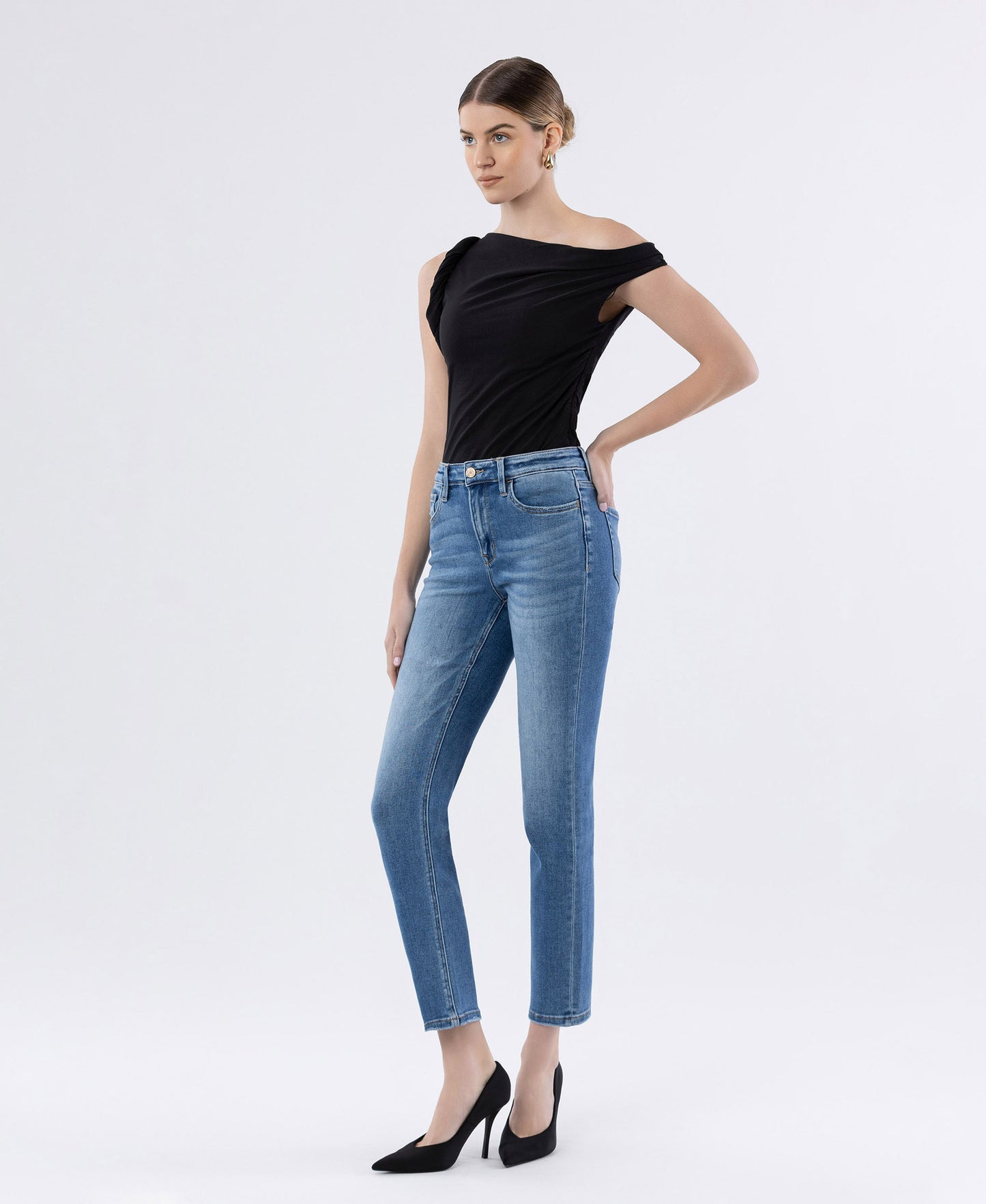 Left 45 degrees product image of Defeat - High Rise Slim Straight Jeans