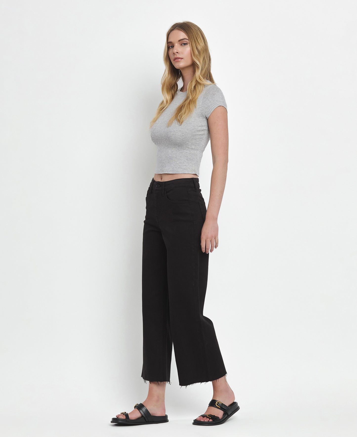 Left 45 degrees product image of Black - High Rise Crop Wide Leg Jeans