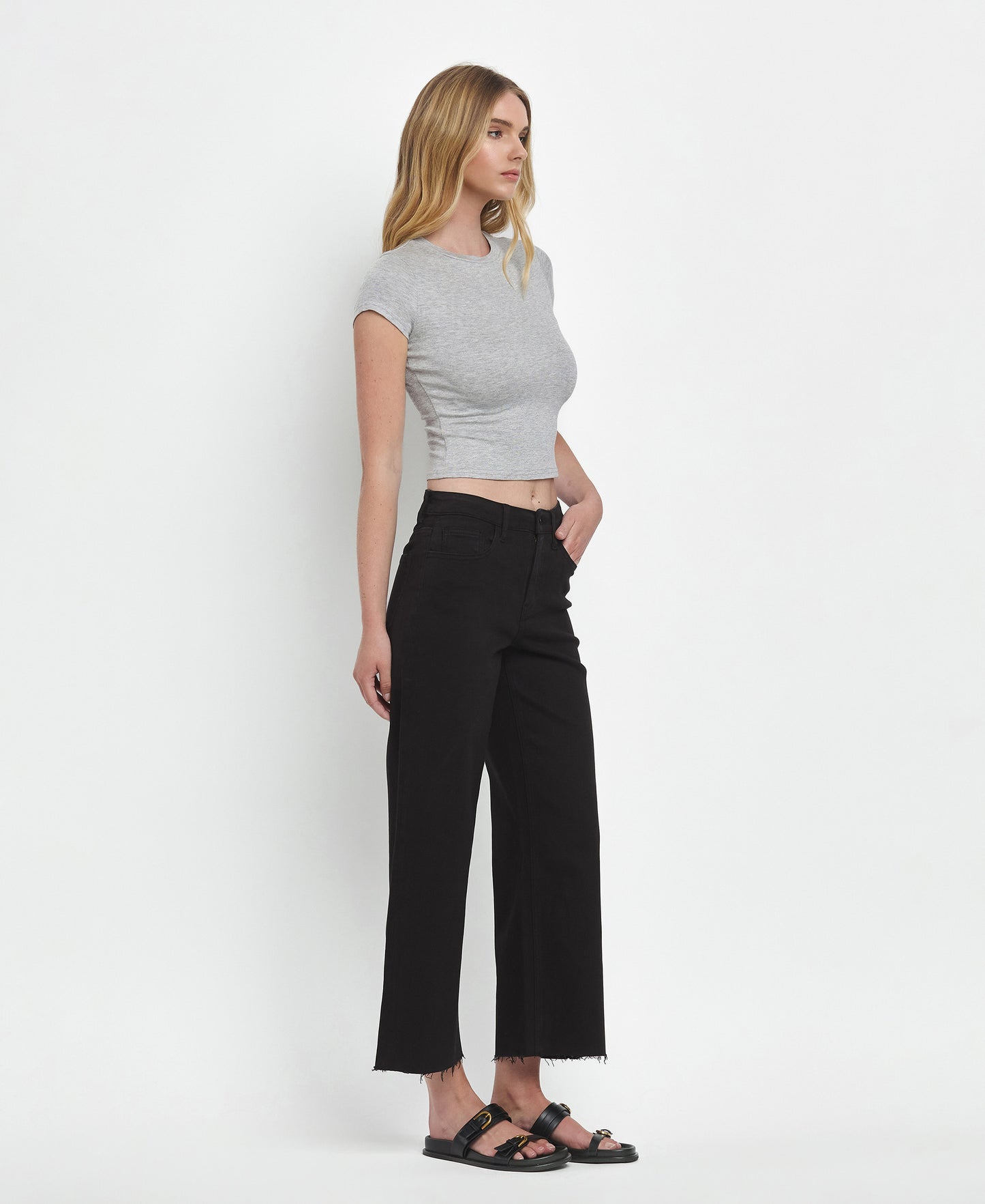 Right 45 degrees product image of Black - High Rise Crop Wide Leg Jeans
