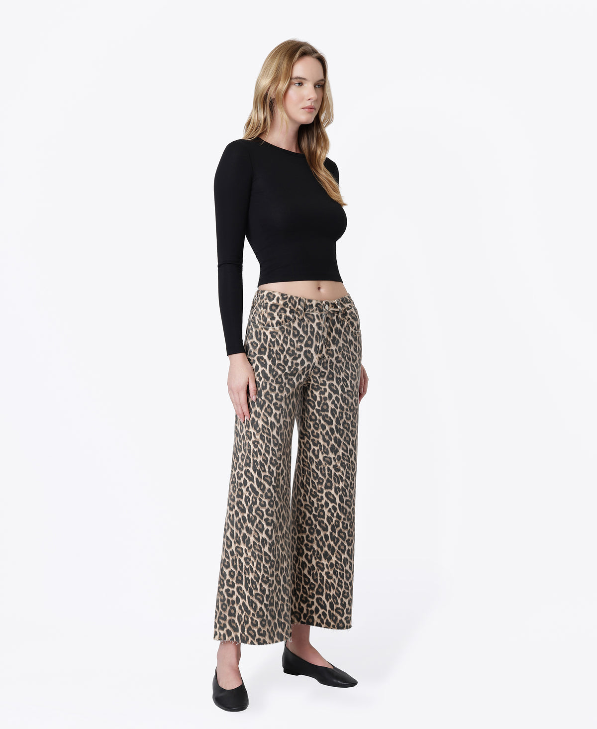 Right 45 degrees product image of Leopard - High Rise Animal Print Raw Hem Crop Wide Leg Jeans