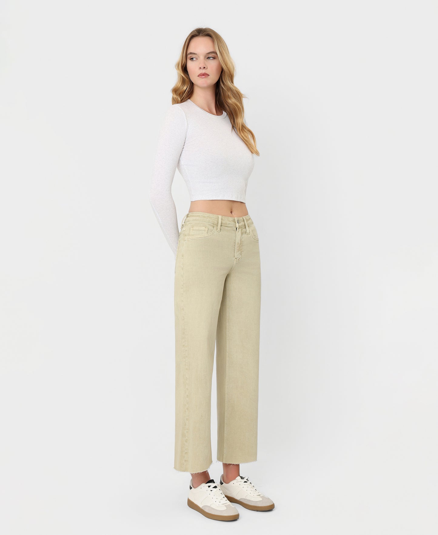 Right 45 degrees product image of Olive - High Rise Raw Hem Crop Wide Leg Jeans