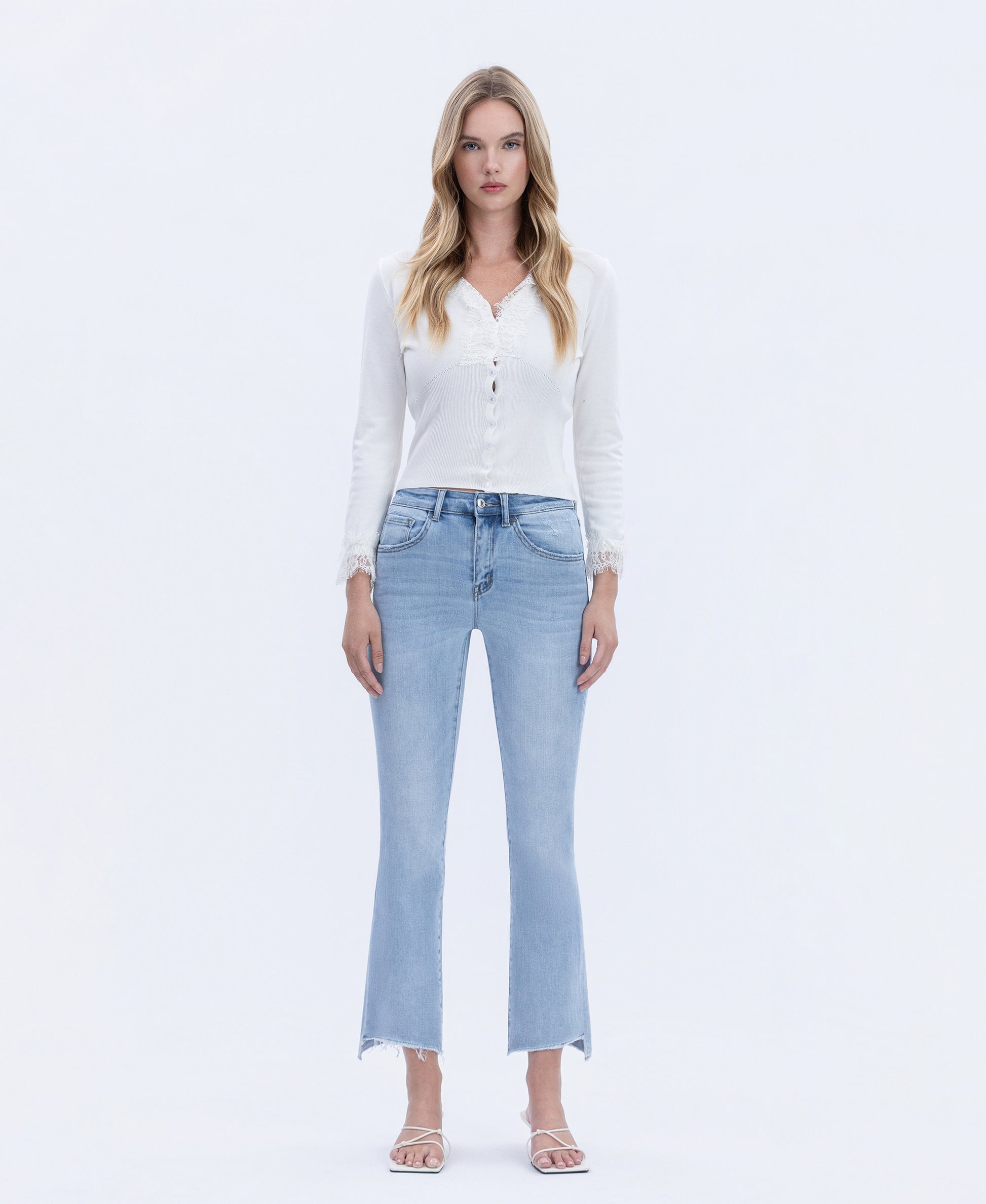 Front product images of Striving - High Rise Raw Step Hem Crop Flare Jeans