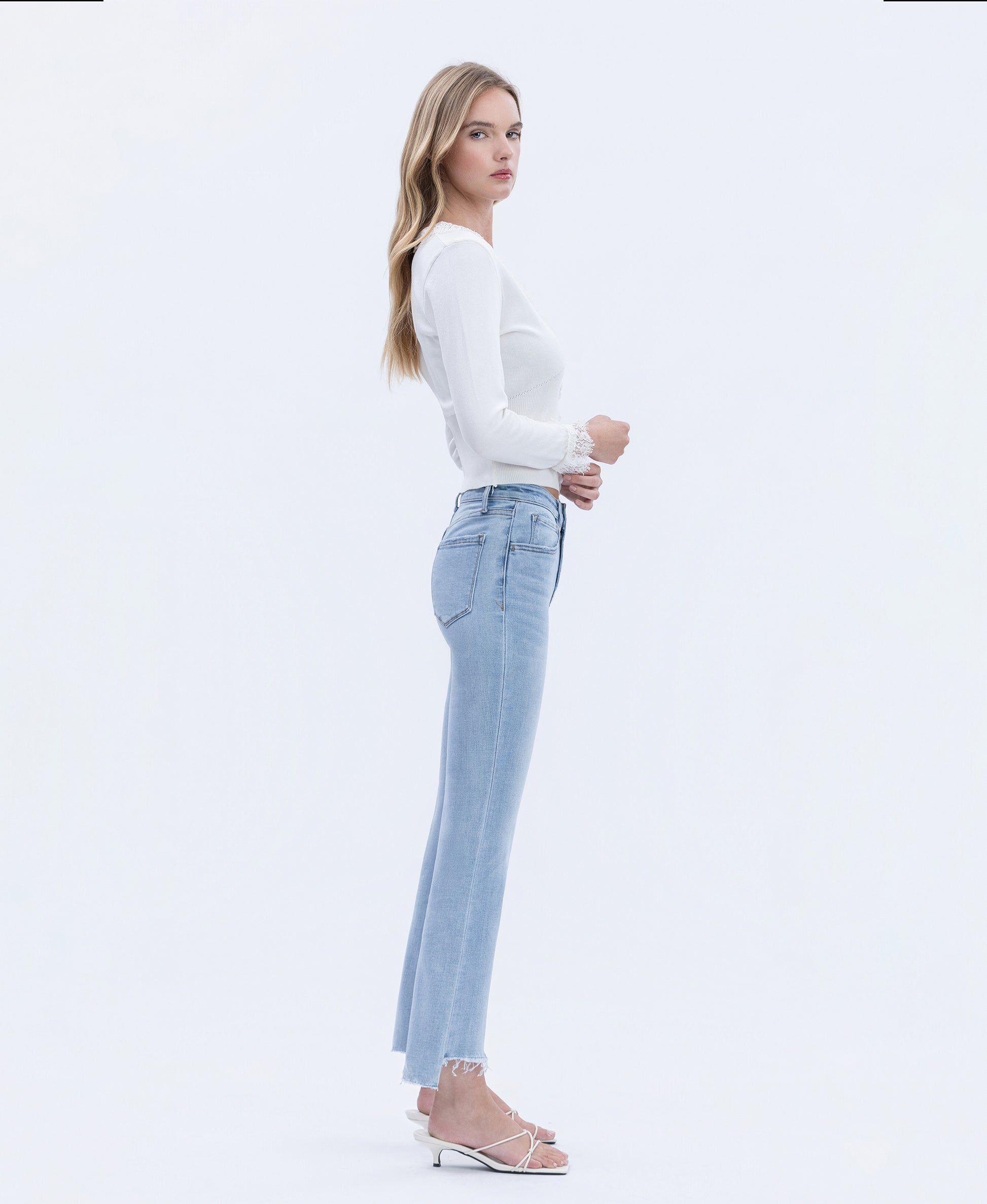 Right side product images of Striving - High Rise Raw Step Hem Crop Flare Jeans