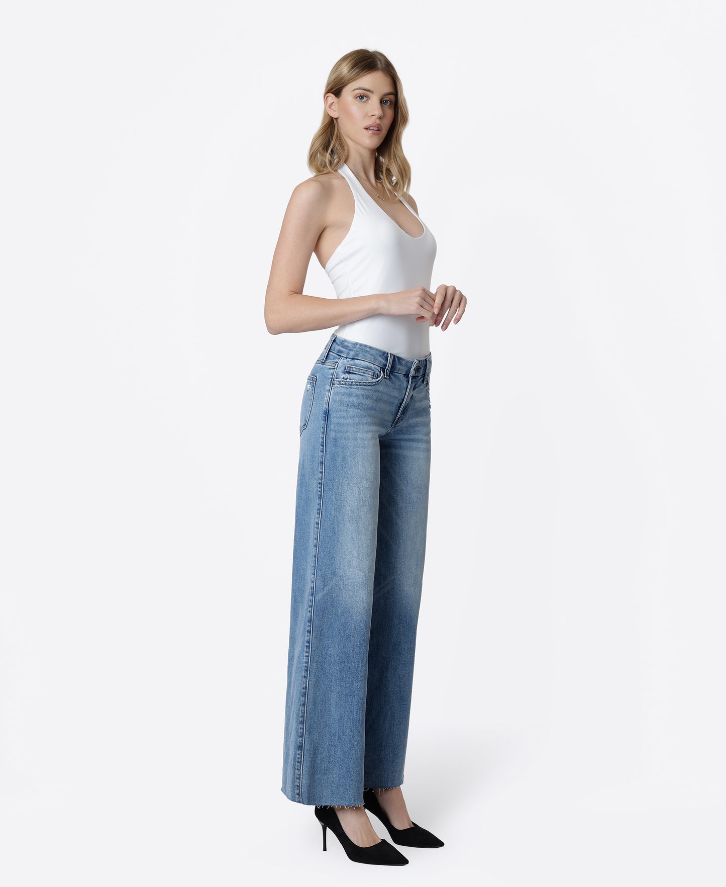 Right 45 degrees product image of Vouchsafe - Mid Rise Clean Cut Raw Hem Wide Leg Jeans