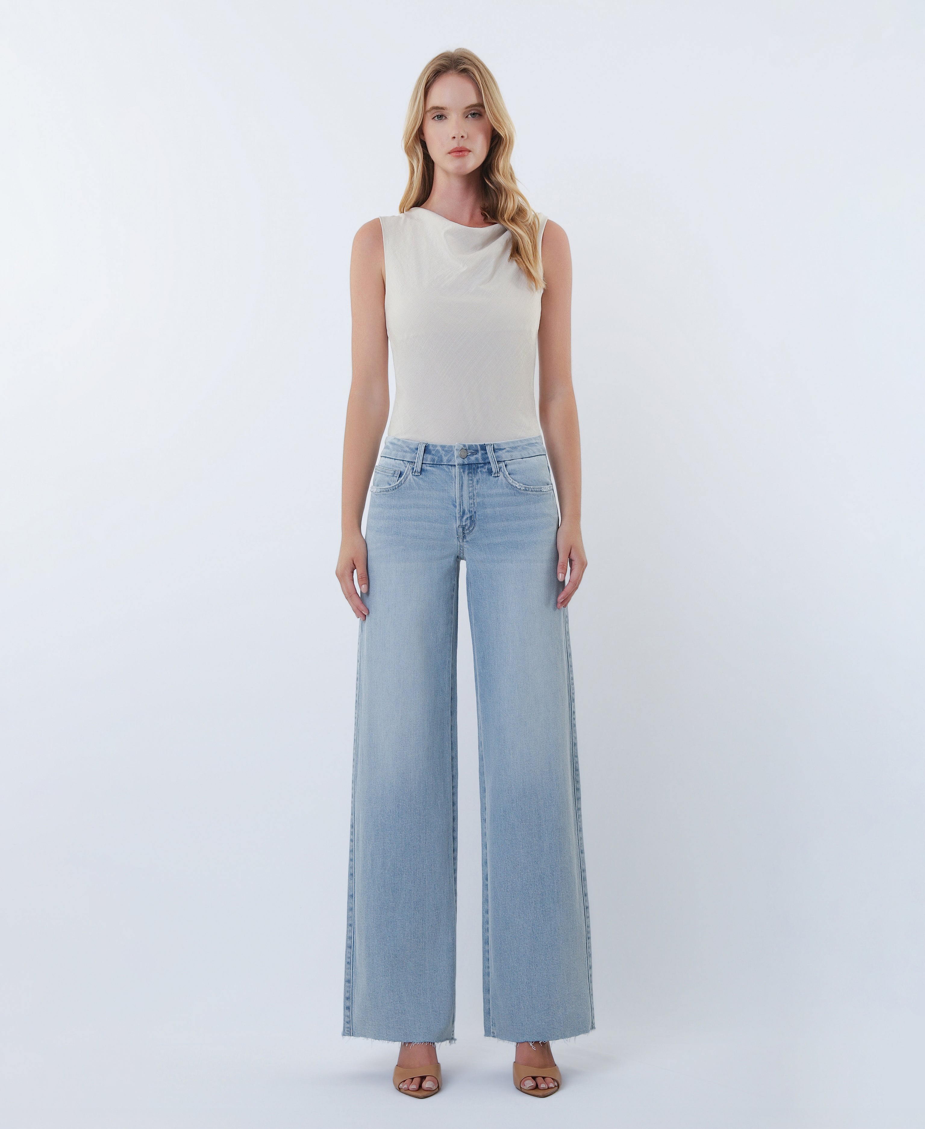 VERVET Super Light Mid Rise Clean Cut Raw Hem Wide Leg Jeans