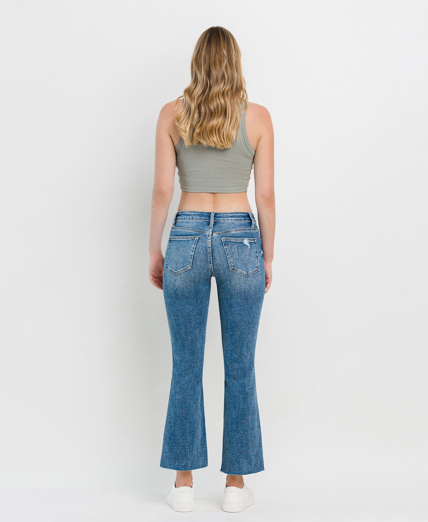 Back product images of Straightforward - Mid Rise Uneven Hem Ankle Kick Flare Jeans
