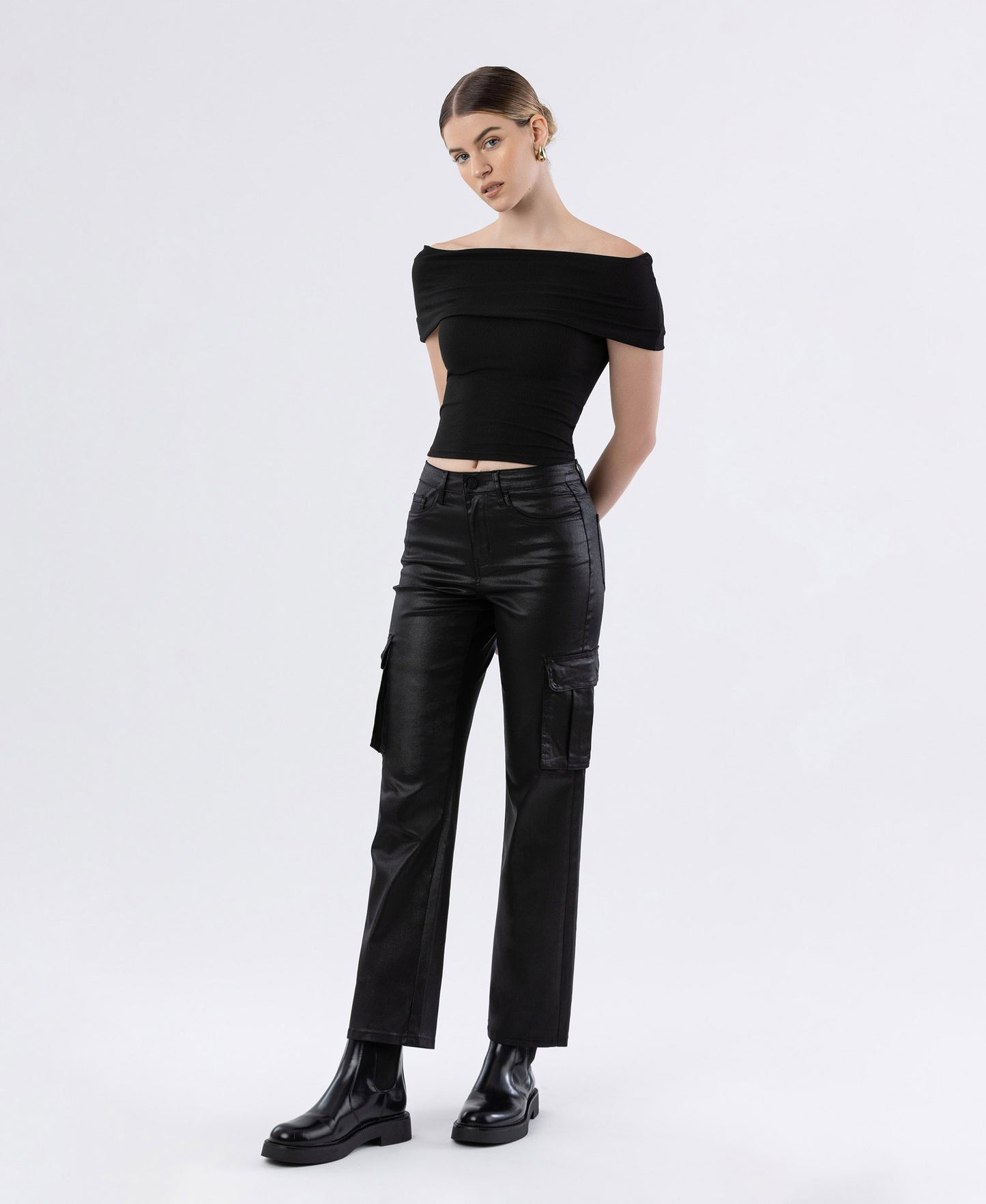 Left 45 degrees product image of Astonished - High Rise Coated Cargo Straight Jeans