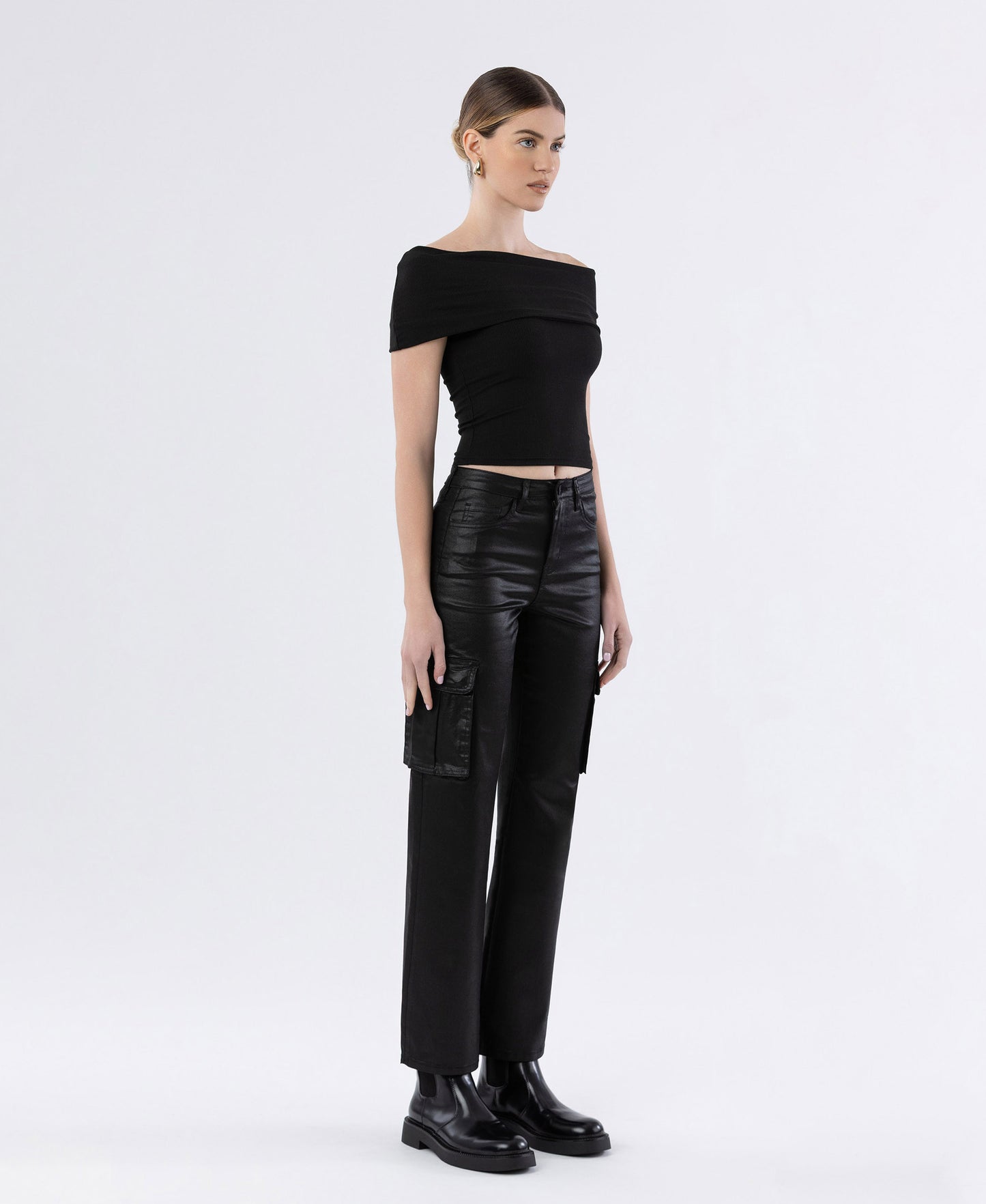 Right 45 degrees product image of Astonished - High Rise Coated Cargo Straight Jeans