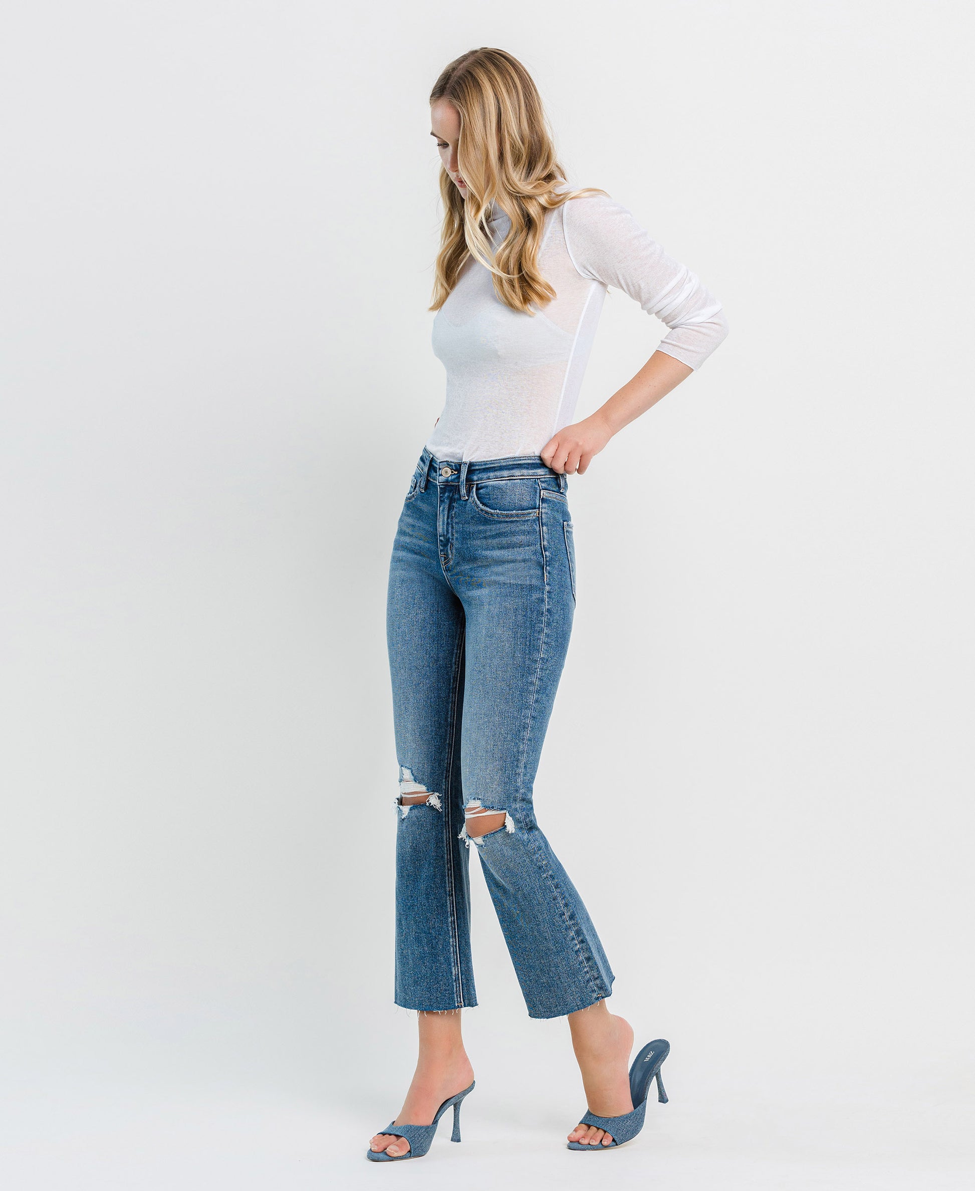 Left 45 degrees product image of Feasibly - High Rise Clean Cut Hem Crop Flare Jeans