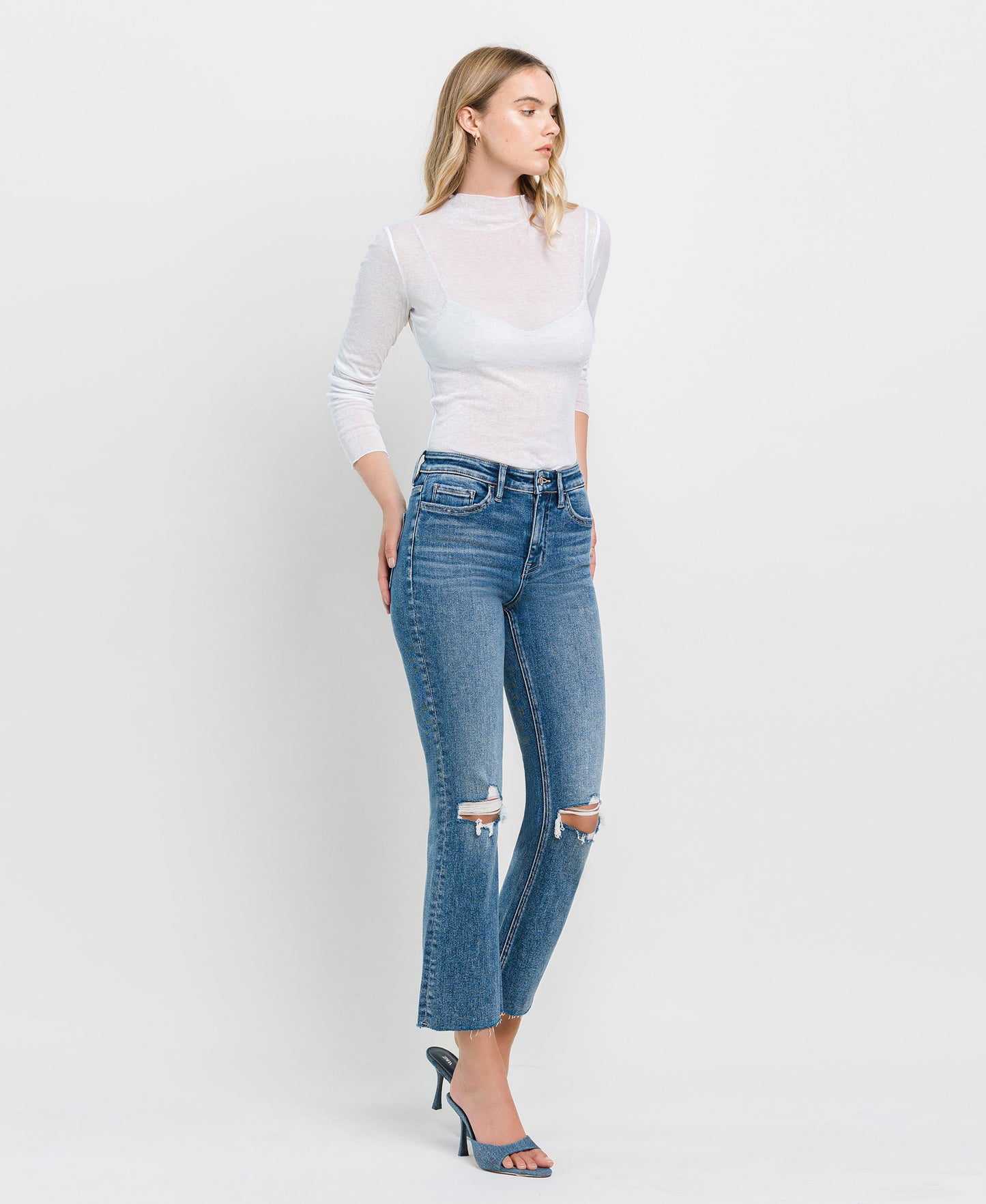 Right 45 degrees product image of Feasibly - High Rise Clean Cut Hem Crop Flare Jeans