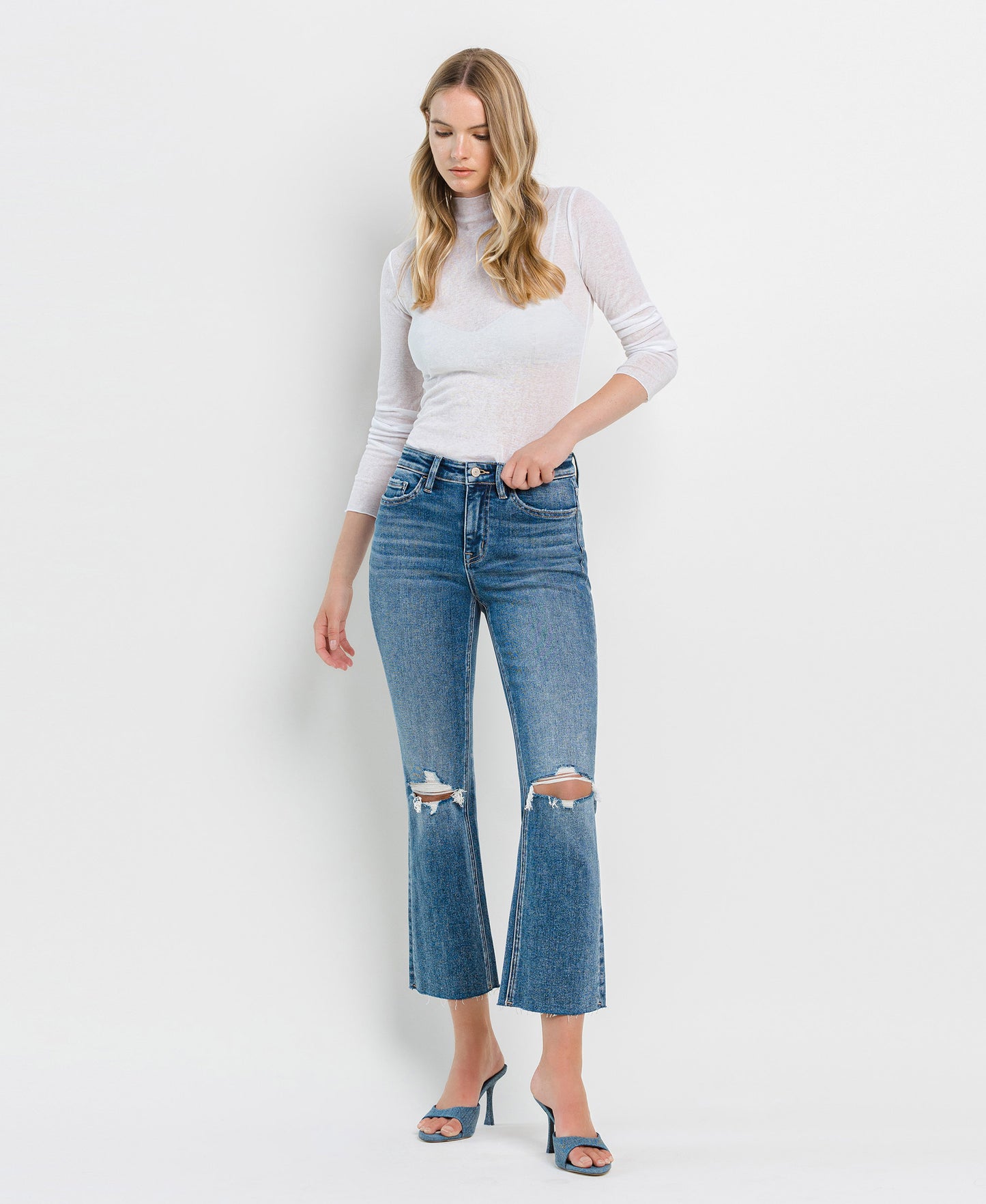 Front product images of Feasibly - High Rise Clean Cut Hem Crop Flare Jeans
