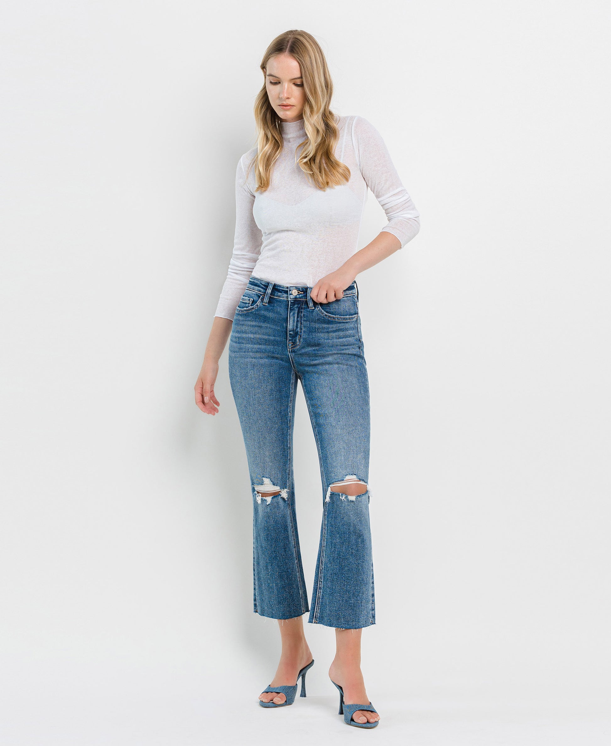 Front product images of Feasibly - High Rise Clean Cut Hem Crop Flare Jeans