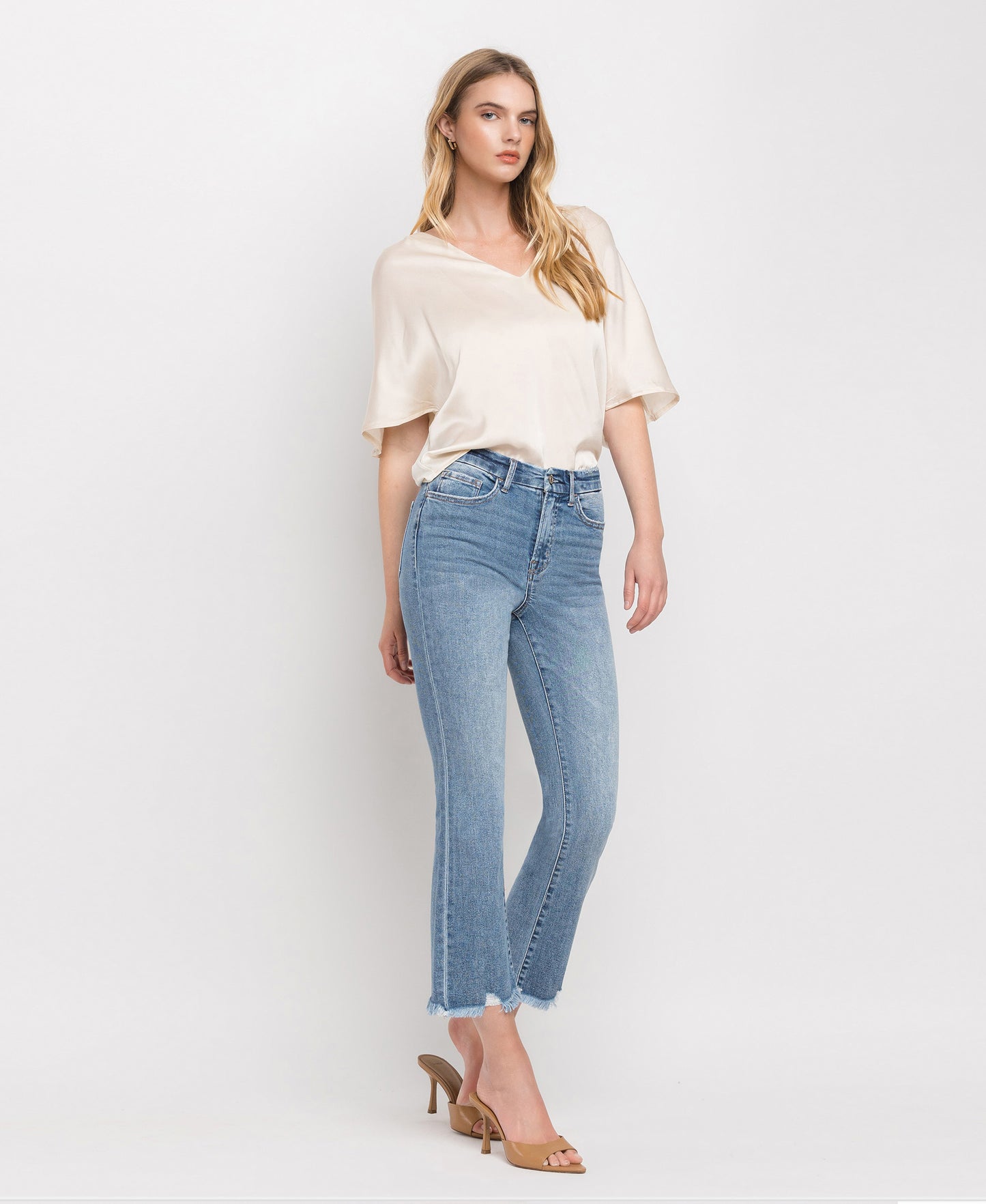 Right 45 degrees product image of Merciful - High Rise Frayed Hem Crop Flare Jeans