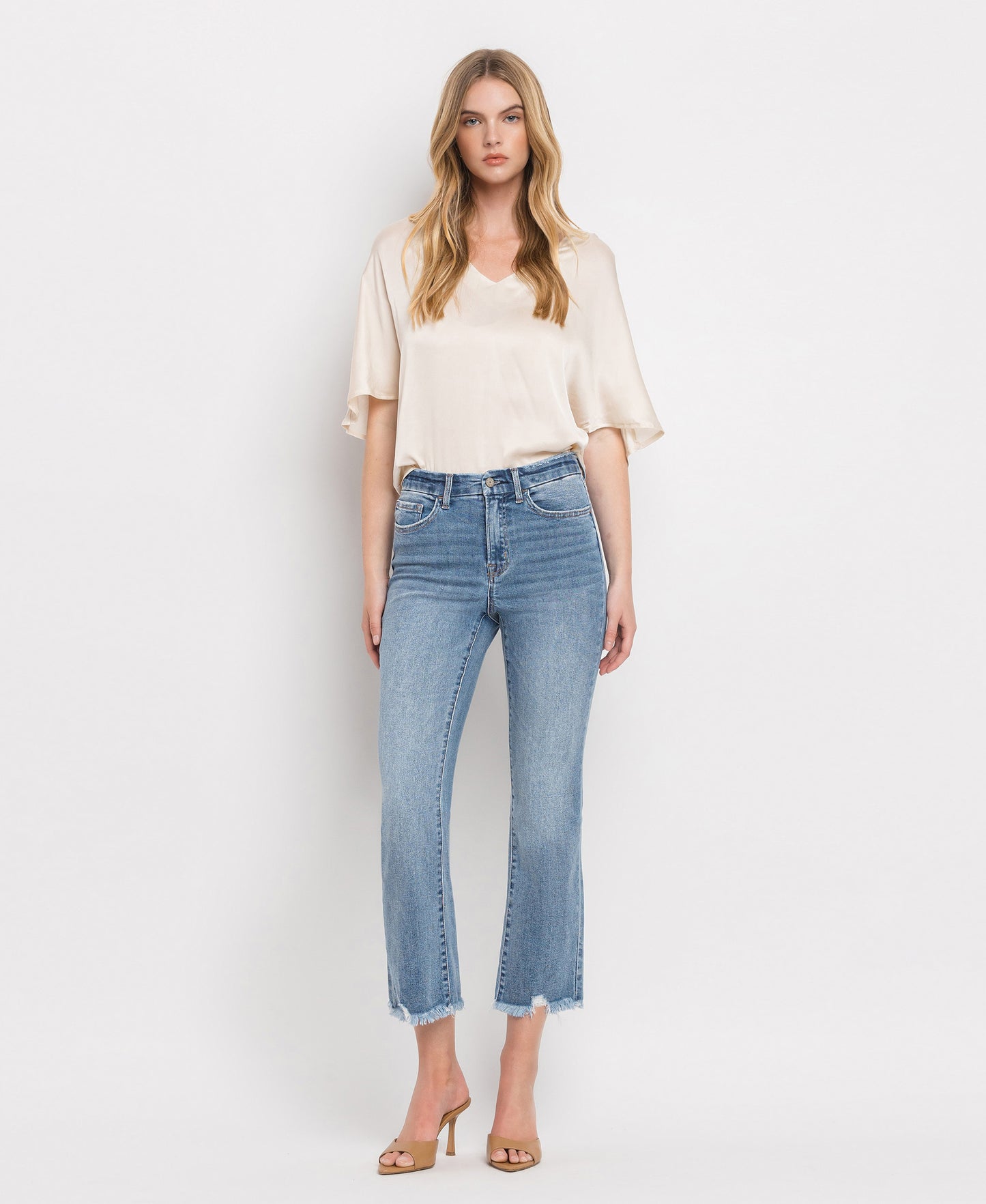 Front product images of Merciful - High Rise Frayed Hem Crop Flare Jeans