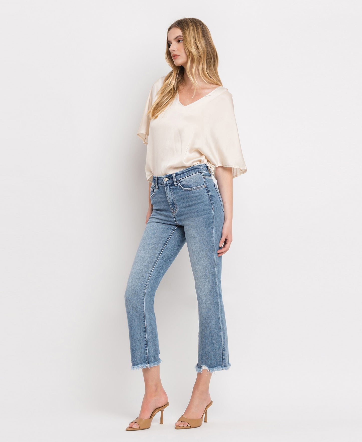 Left 45 degrees product image of Merciful - High Rise Frayed Hem Crop Flare Jeans