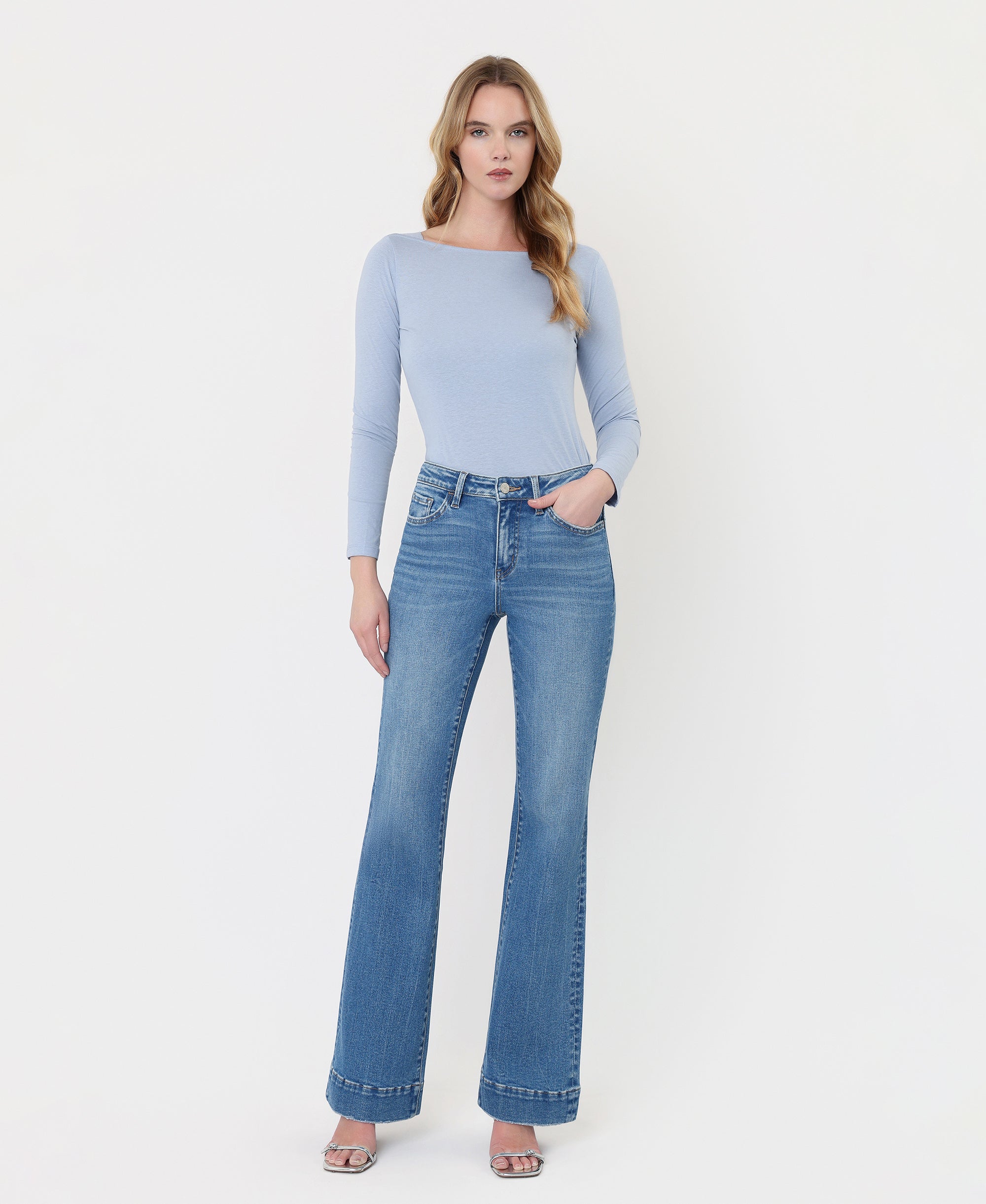 BELVET ライトブルー VERVET Blue Lotus High Rise Trouser Hem Relaxed Flare Jeans
