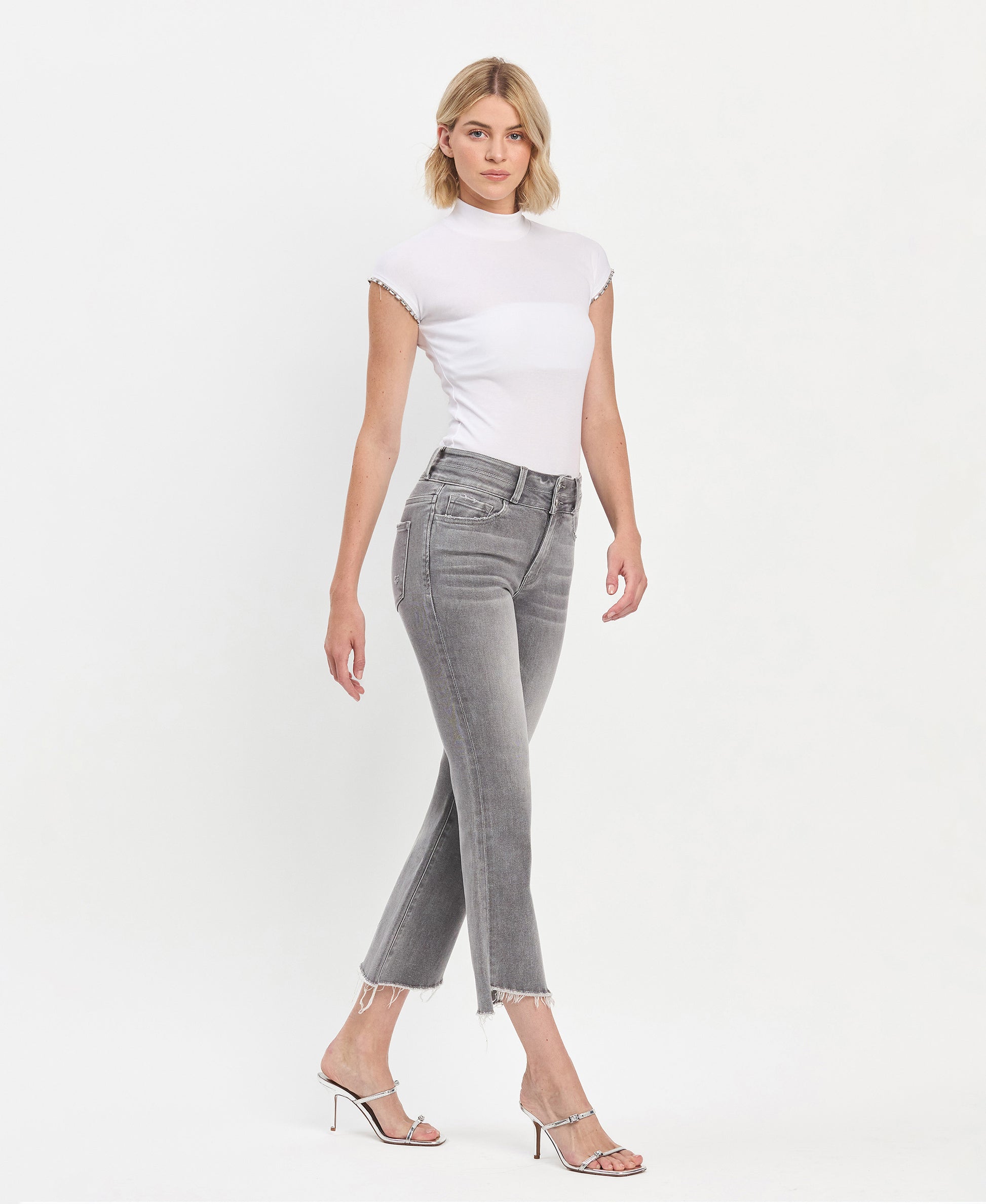 Right 45 degrees product image of Renato- High Rise Raw Slant Hem Mini Bootcut Jeans