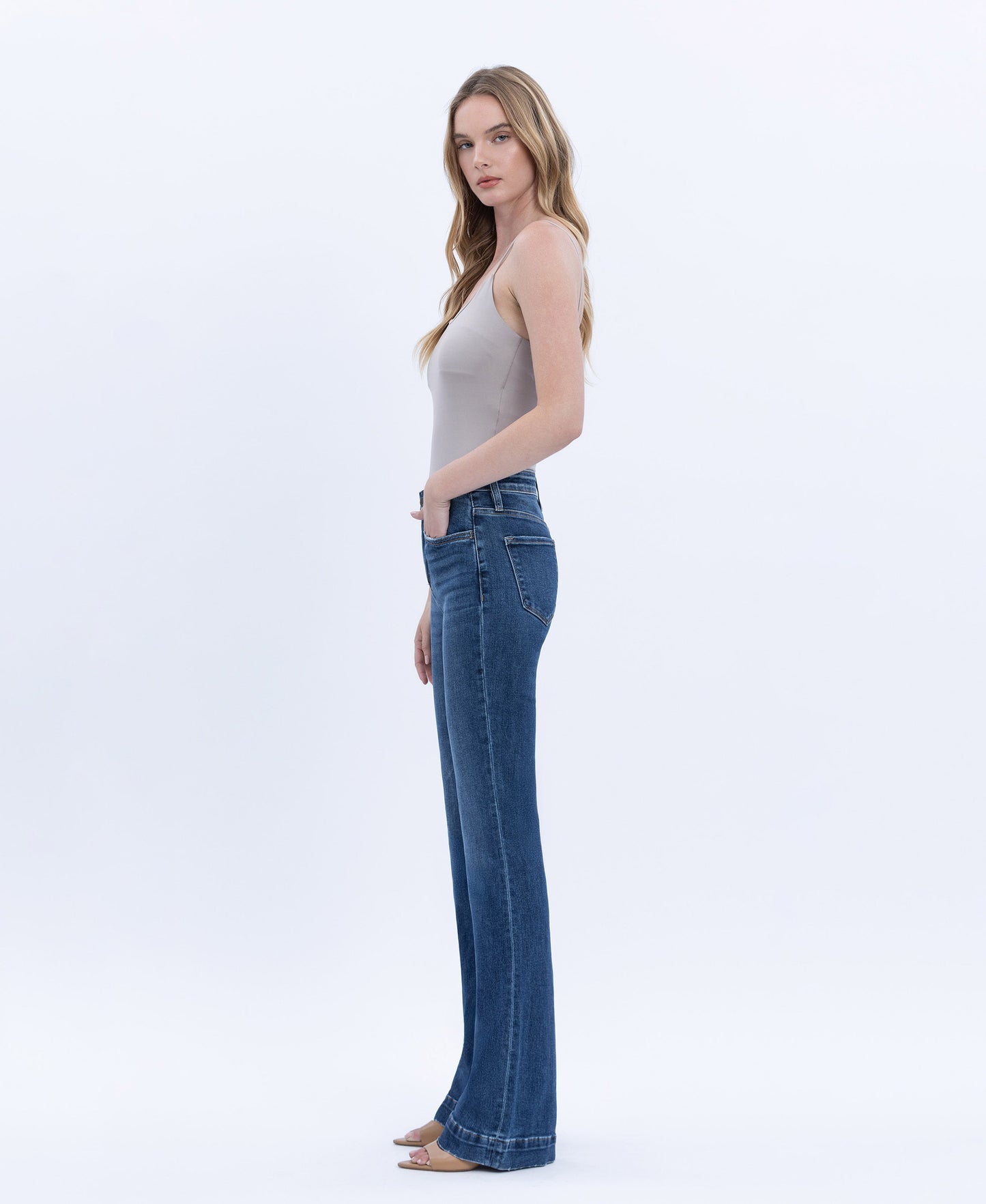 Left 45 degrees product image of Sustainability - High Rise Trouser Hem Bootcut Jeans