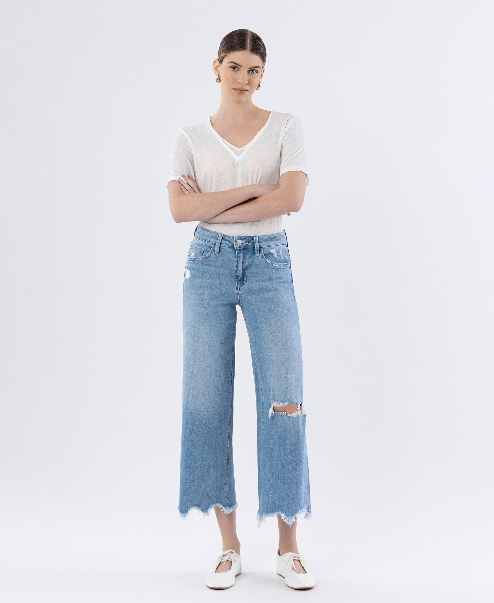 Front product images of Spellbindingly - High Rise Distressed Crop Wide Leg Jeans