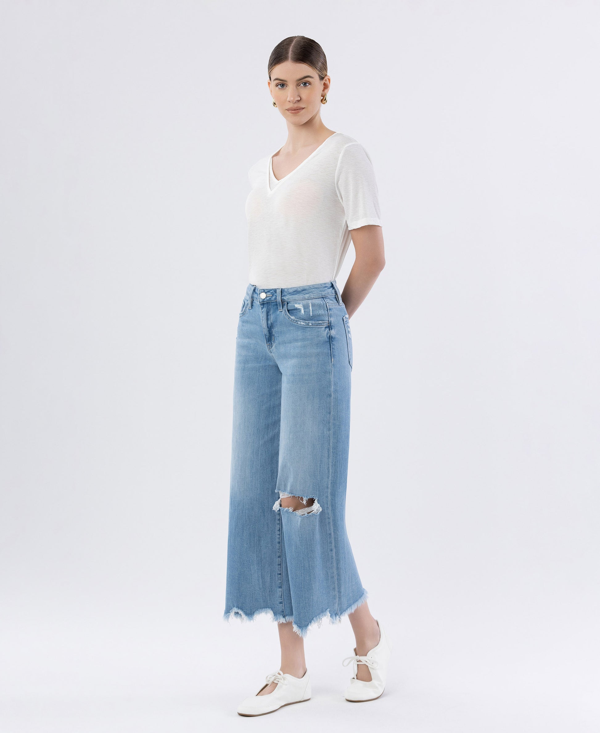 Left 45 degrees product image of Spellbindingly - High Rise Distressed Crop Wide Leg Jeans