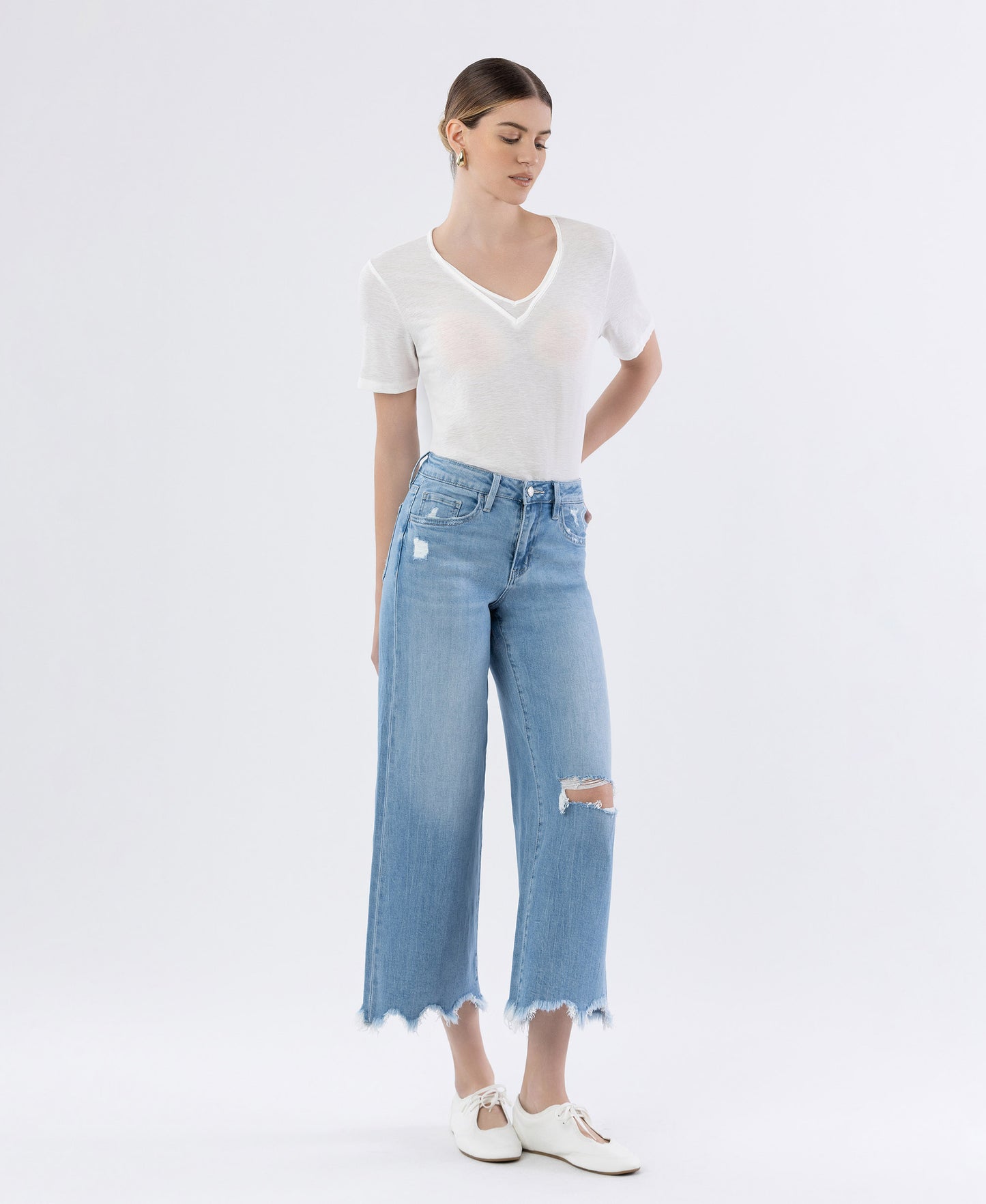 Right 45 degrees product image of Spellbindingly - High Rise Distressed Crop Wide Leg Jeans