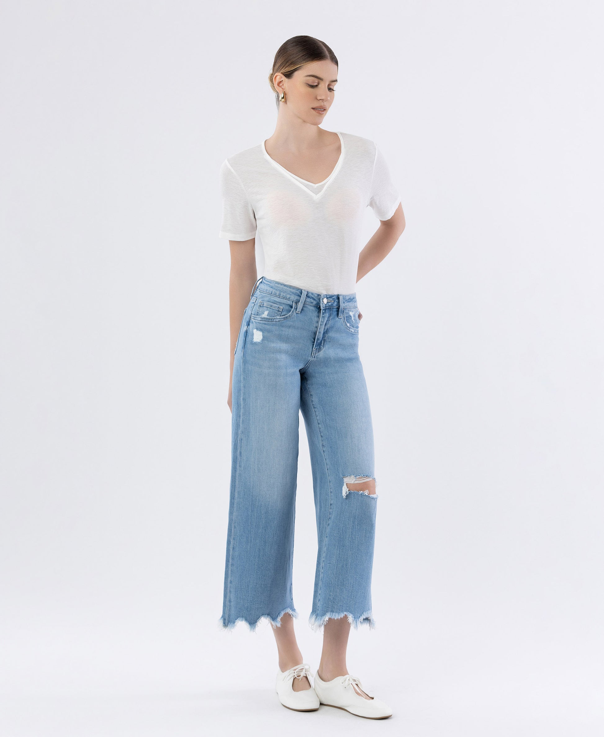 Right 45 degrees product image of Spellbindingly - High Rise Distressed Crop Wide Leg Jeans