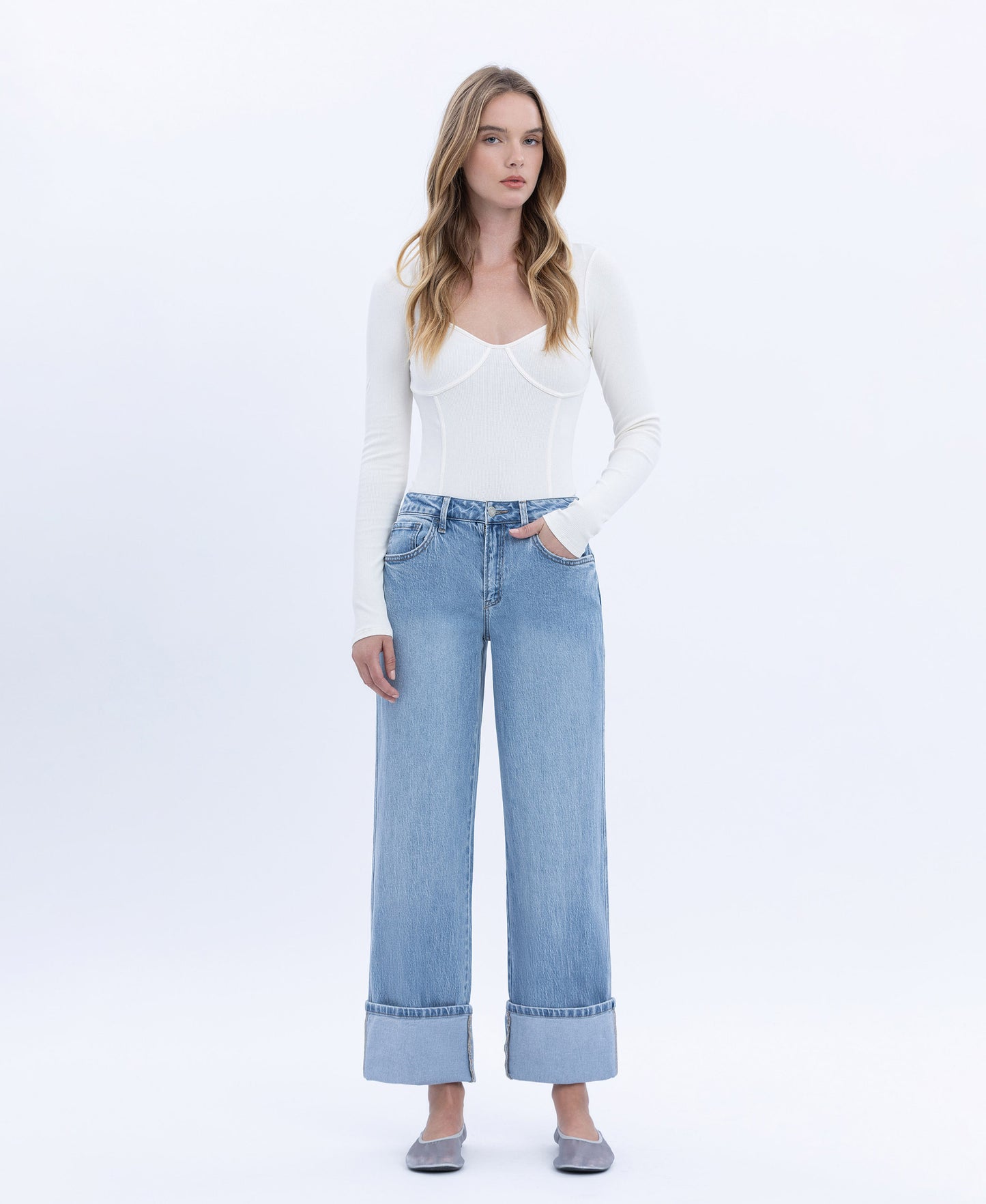 Front product images of Enrapture - Super High Rise Cuffed Baggy Straight Jeans