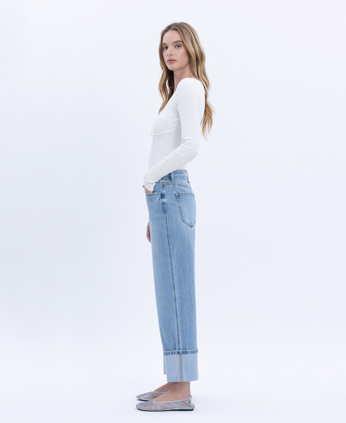 Left 45 degrees product image of Enrapture - Super High Rise Cuffed Baggy Straight Jeans