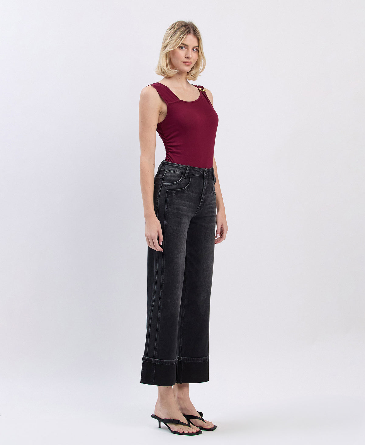 Right 45 degrees product image of Black - Super High Rise Cuffed Baggy Wide Leg Jeans