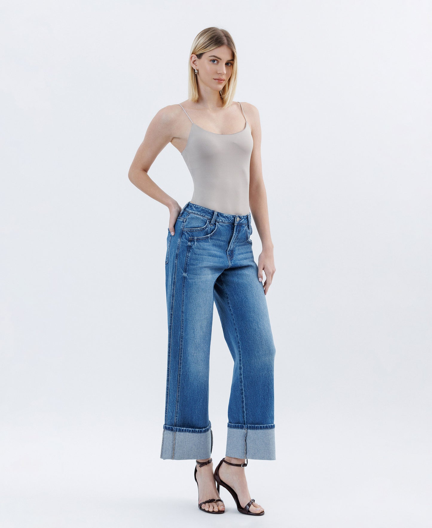 Right 45 degrees product image of Medium Dark - Super High Rise Cuffed Baggy Wide Leg Jeans