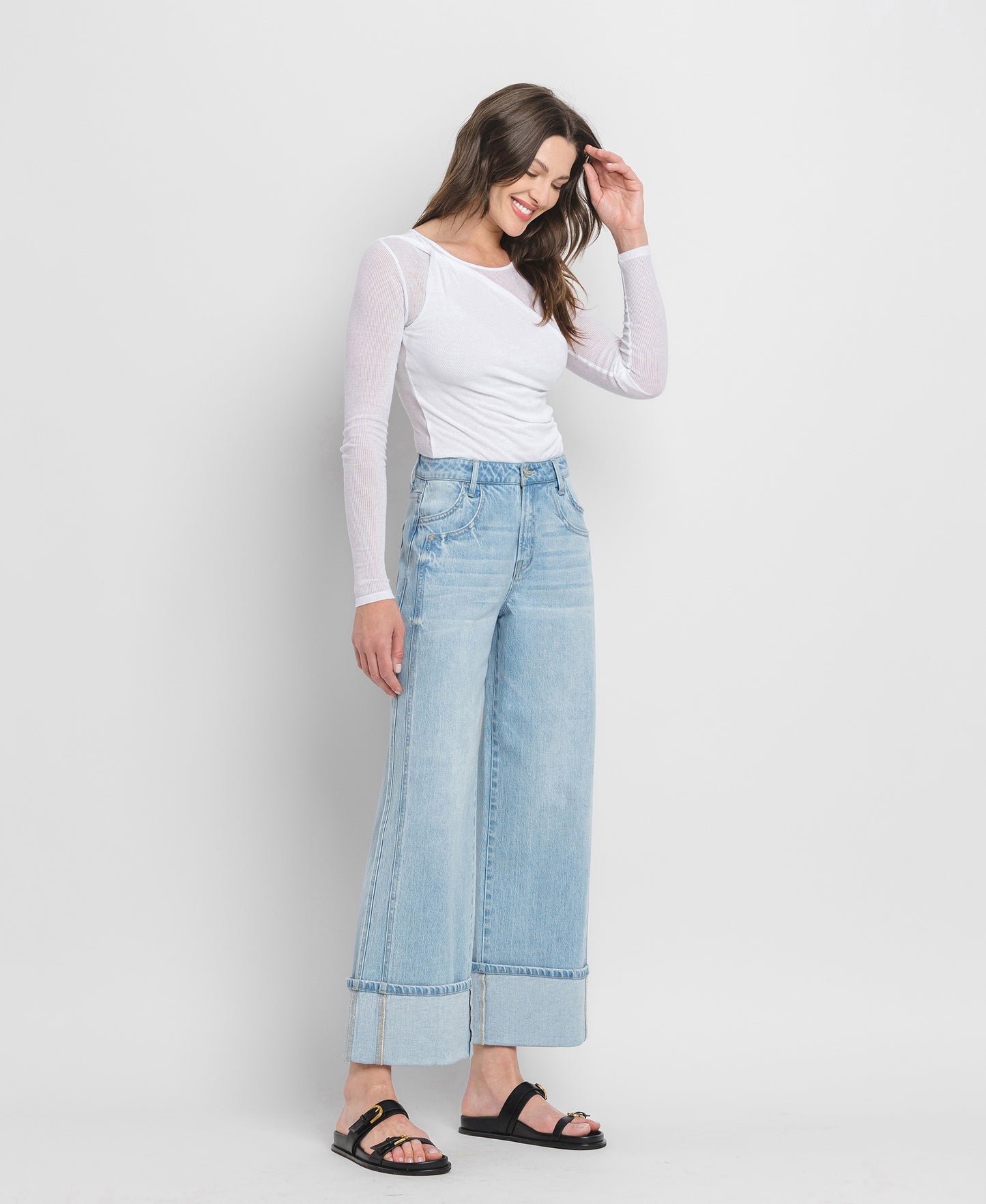 Right 45 degrees product image of Streamlined - Super High Rise Cuffed Baggy Wide Leg Jeans