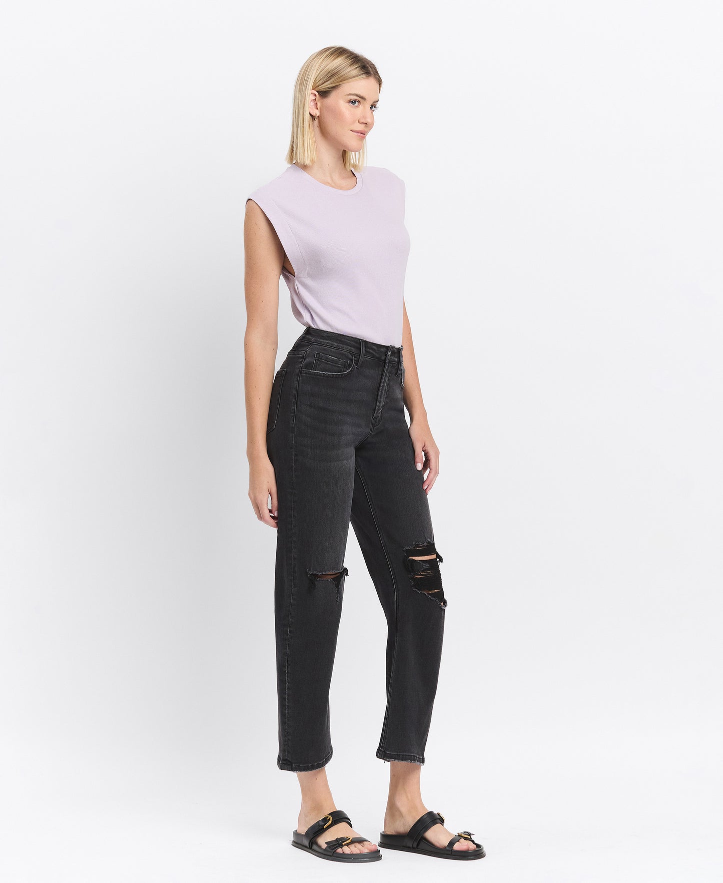 Right 45 degrees product image of Esteem - High Rise Distressed Barrel Jeans