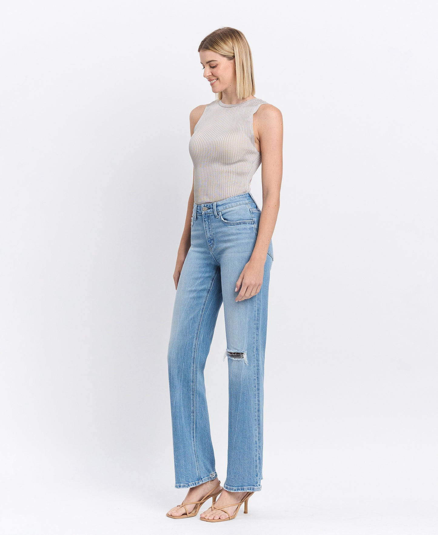 Left 45 degrees product image of Literary - High Rise Distressed Slim Wide Jeans
