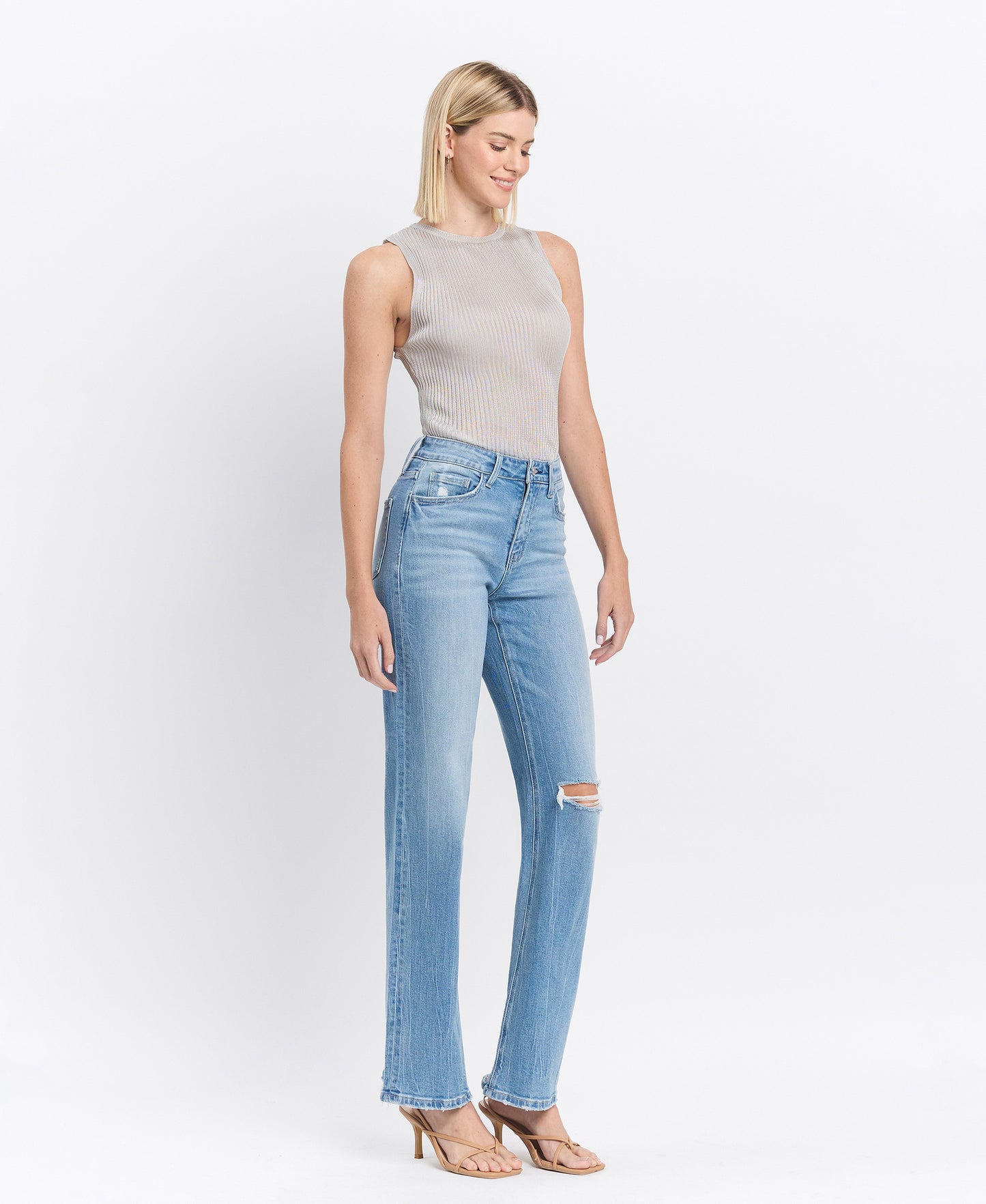 Right 45 degrees product image of Literary - High Rise Distressed Slim Wide Jeans