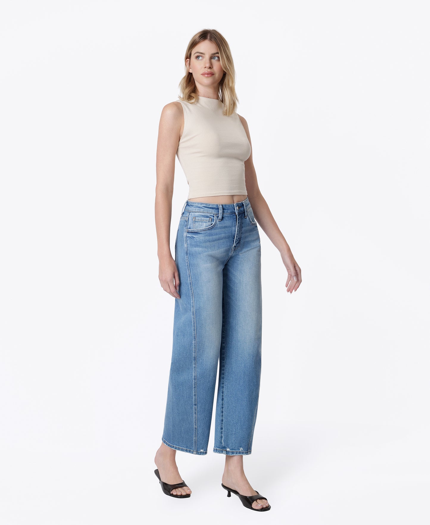 Right 45 degrees product image of Medium Blue - Super High Rise Seamed Barrel Jeans