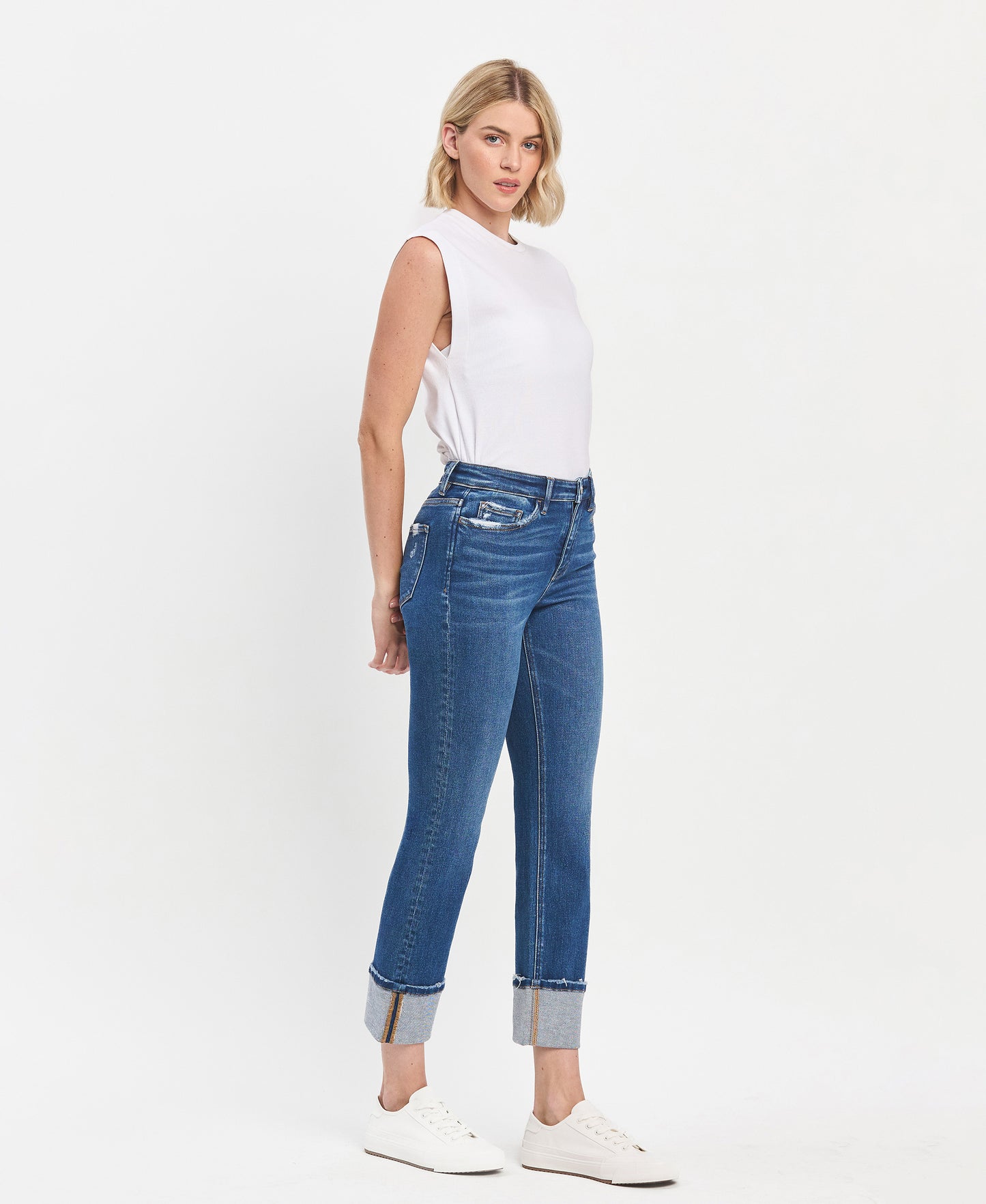 Right 45 degrees product image of Imbue - High Rise Cuffed Slim Straight Jeans
