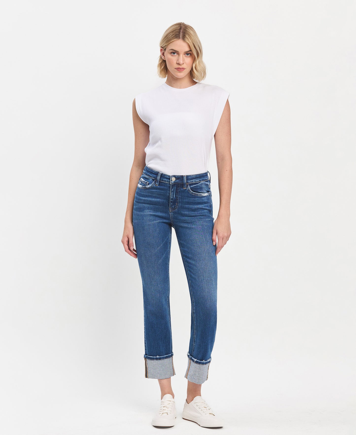 Front product images of Imbue - High Rise Cuffed Slim Straight Jeans